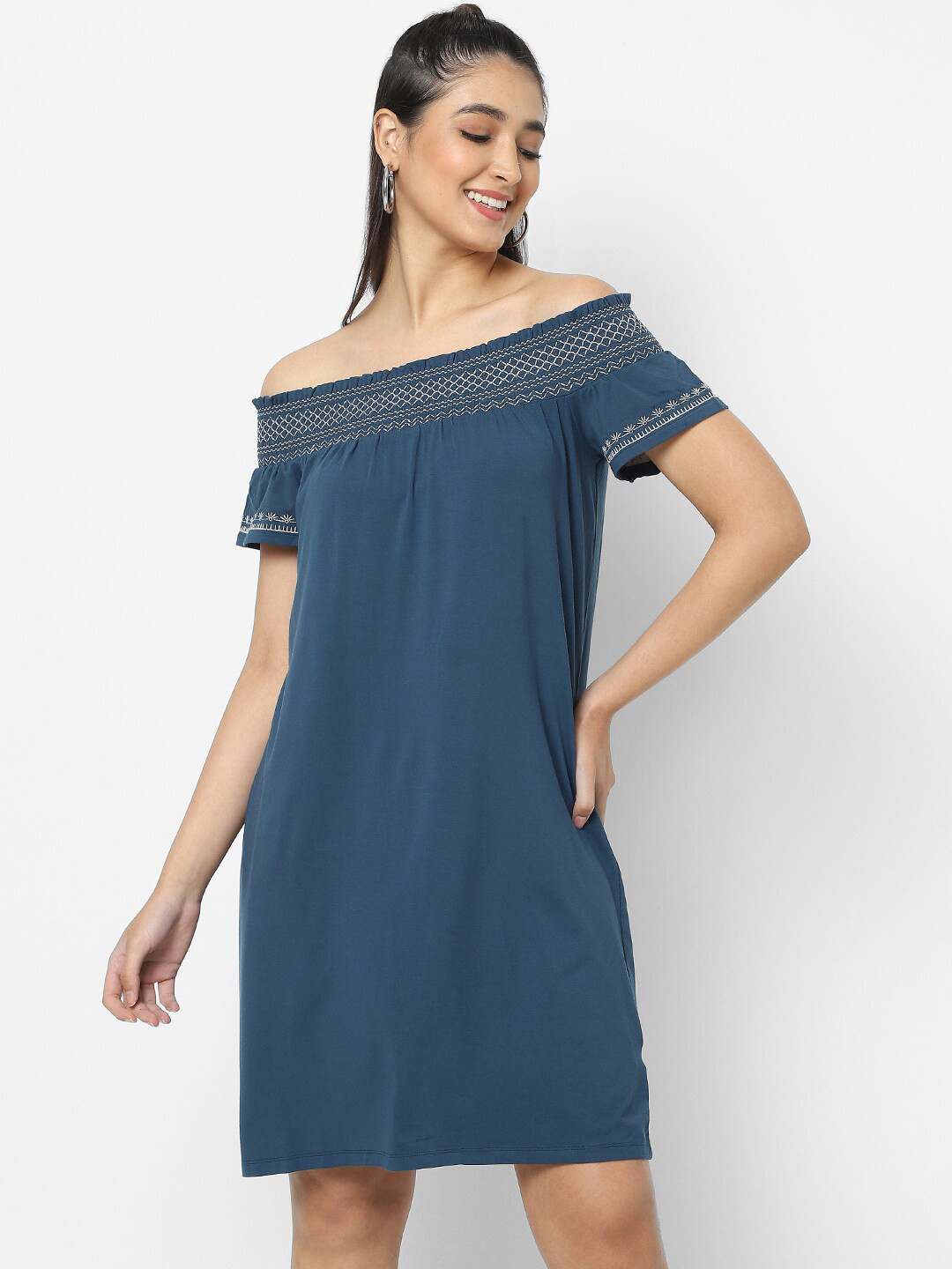 

VASTRADO Blue Solid Off-Shoulder A-Line Dress
