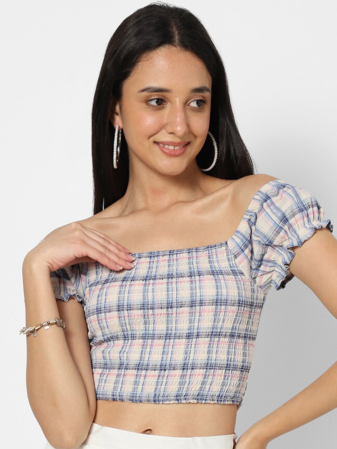 

VASTRADO Beige Checked Off-Shoulder Bardot Pure Cotton Crop Top