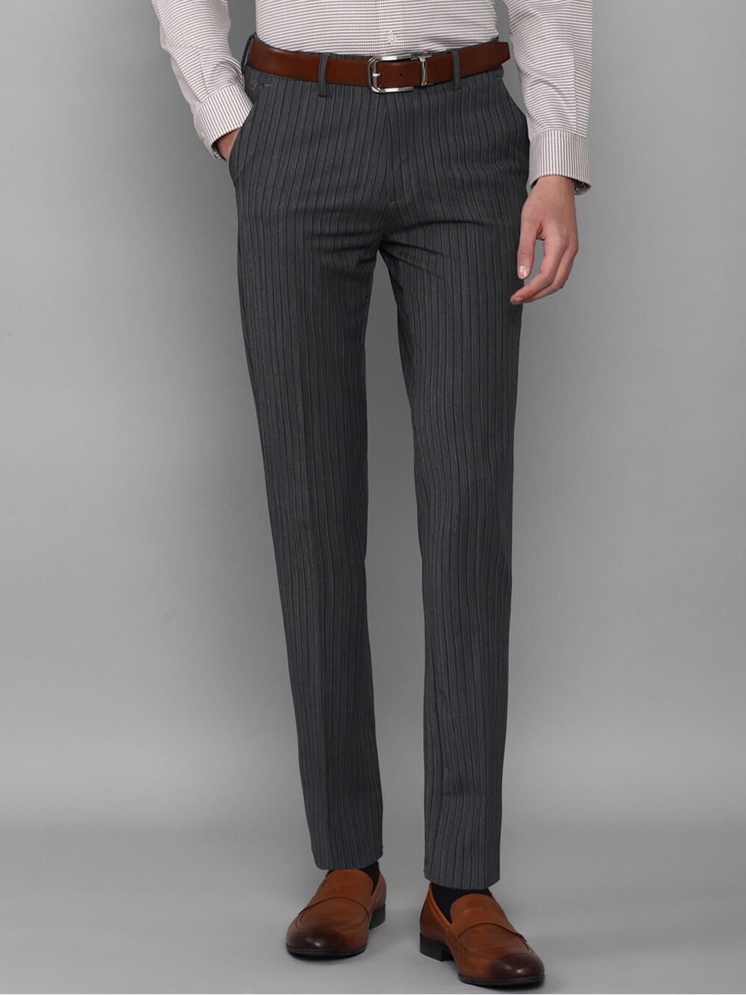 

Louis Philippe Men Grey Striped Slim Fit Formal Trousers
