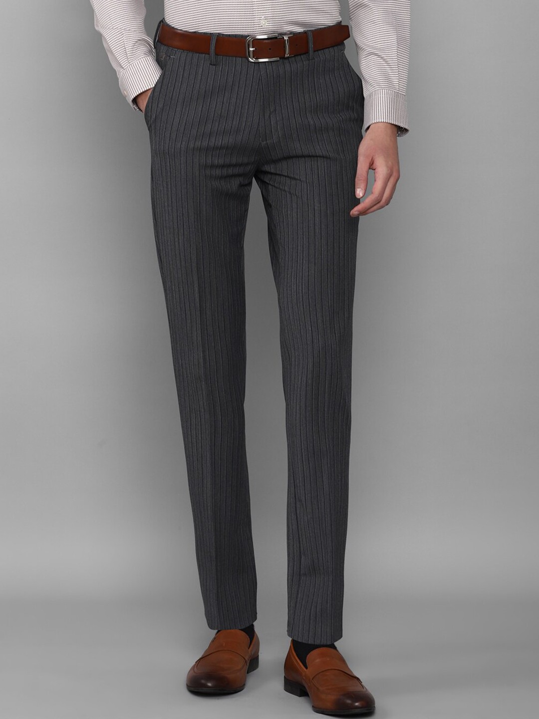 

Louis Philippe Men Grey Striped Formal Trousers