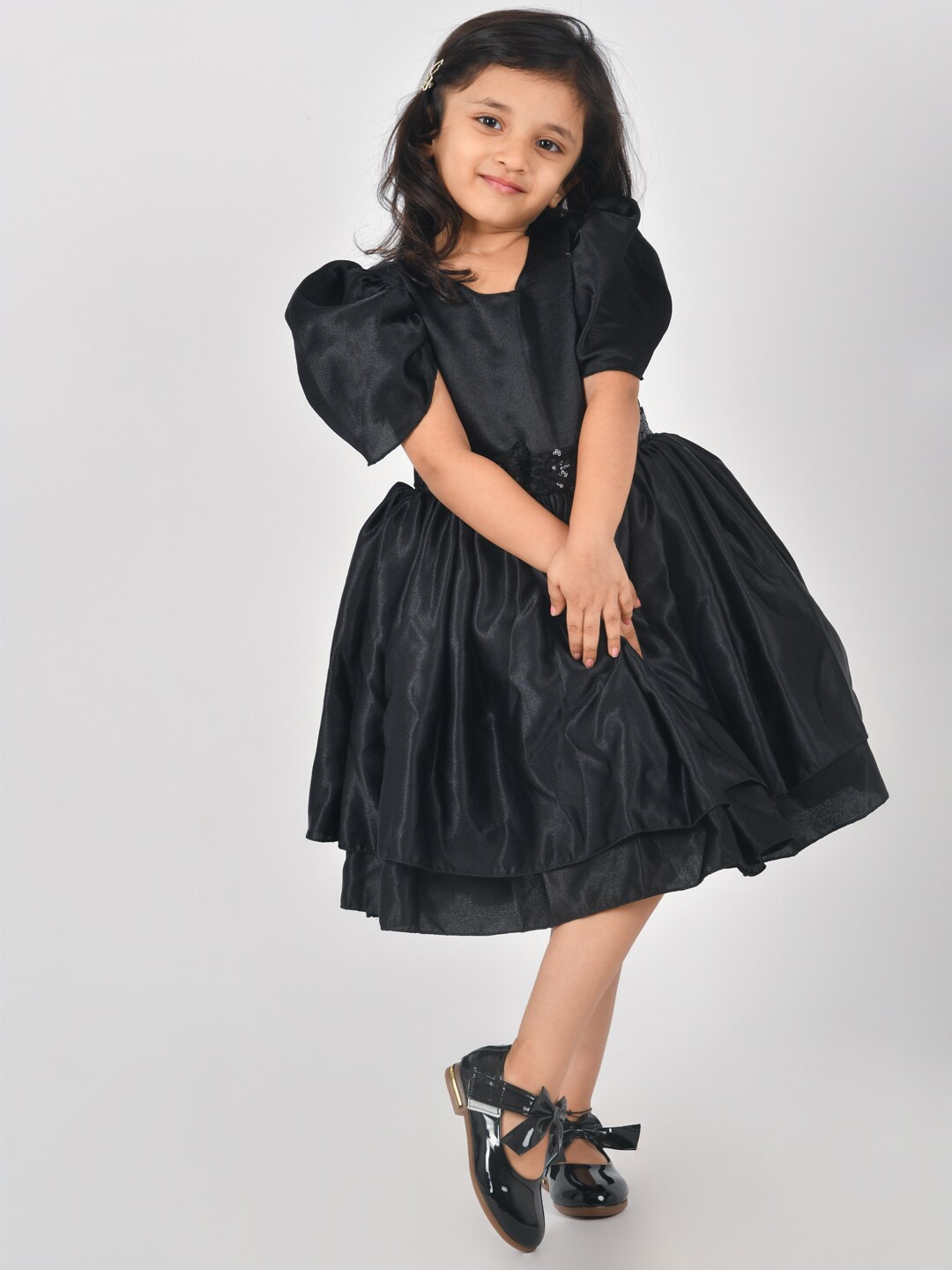 

TALES & STORIES Girls Black Solid Round Neck Midi Dress