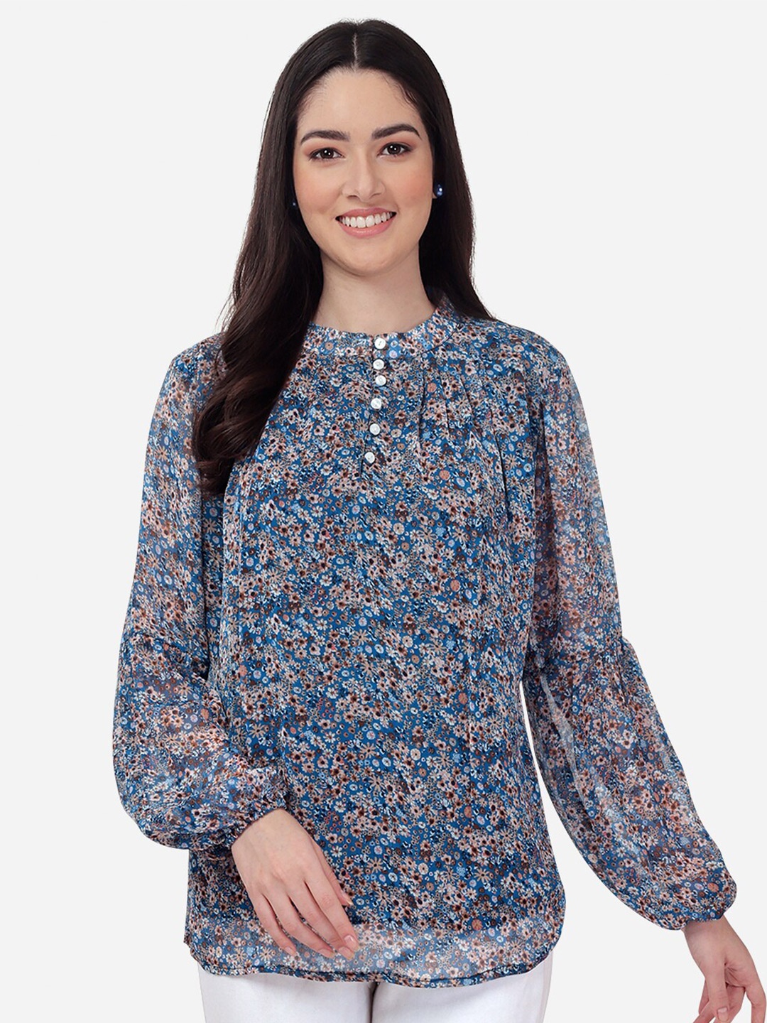 

Fbella Blue & Brown Floral Print Mandarin Collar Georgette Top