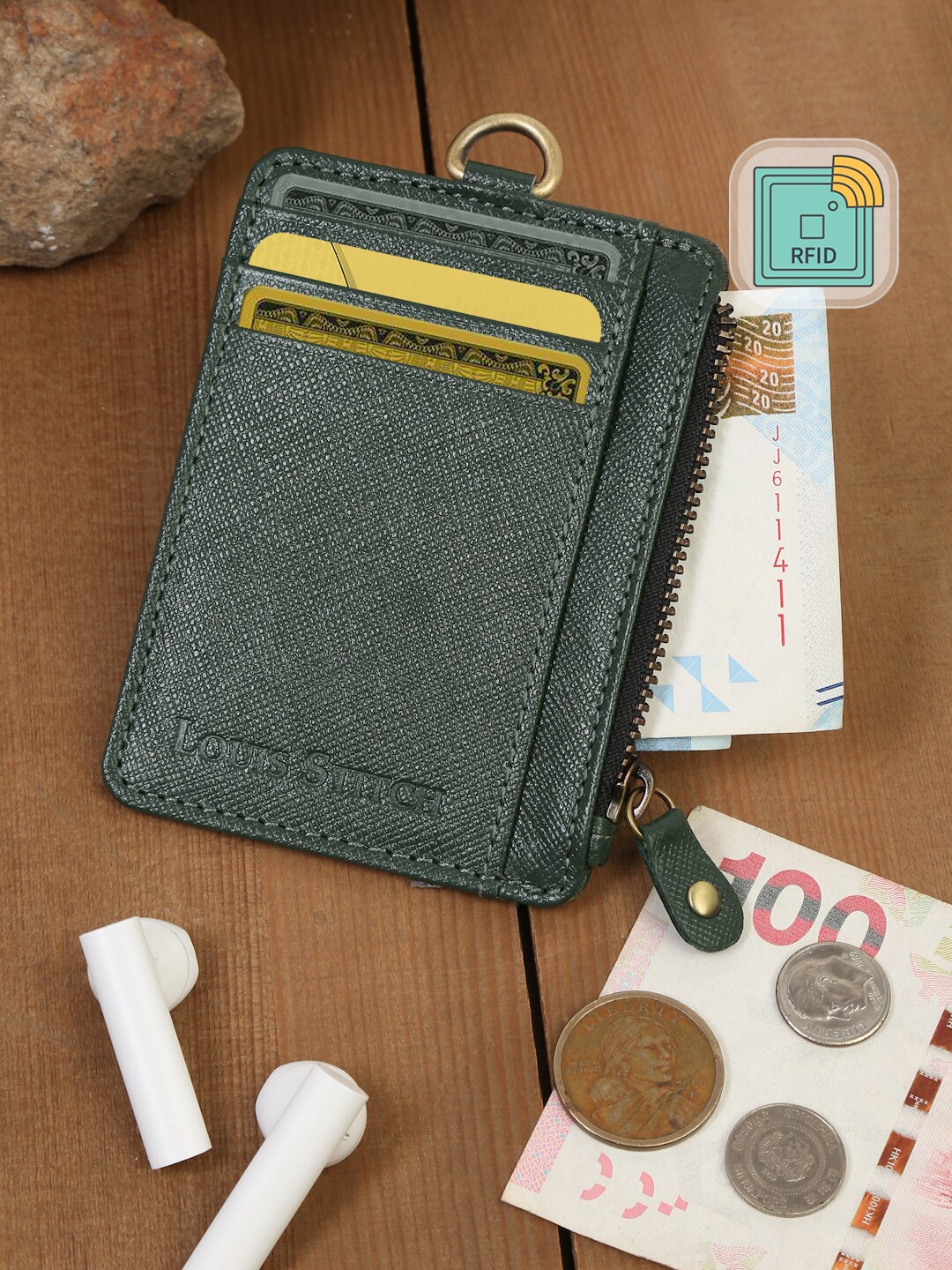 

LOUIS STITCH Men Grey Saffiano Leather Slim ID Card Holder Wallet Purse with Zip Pocket