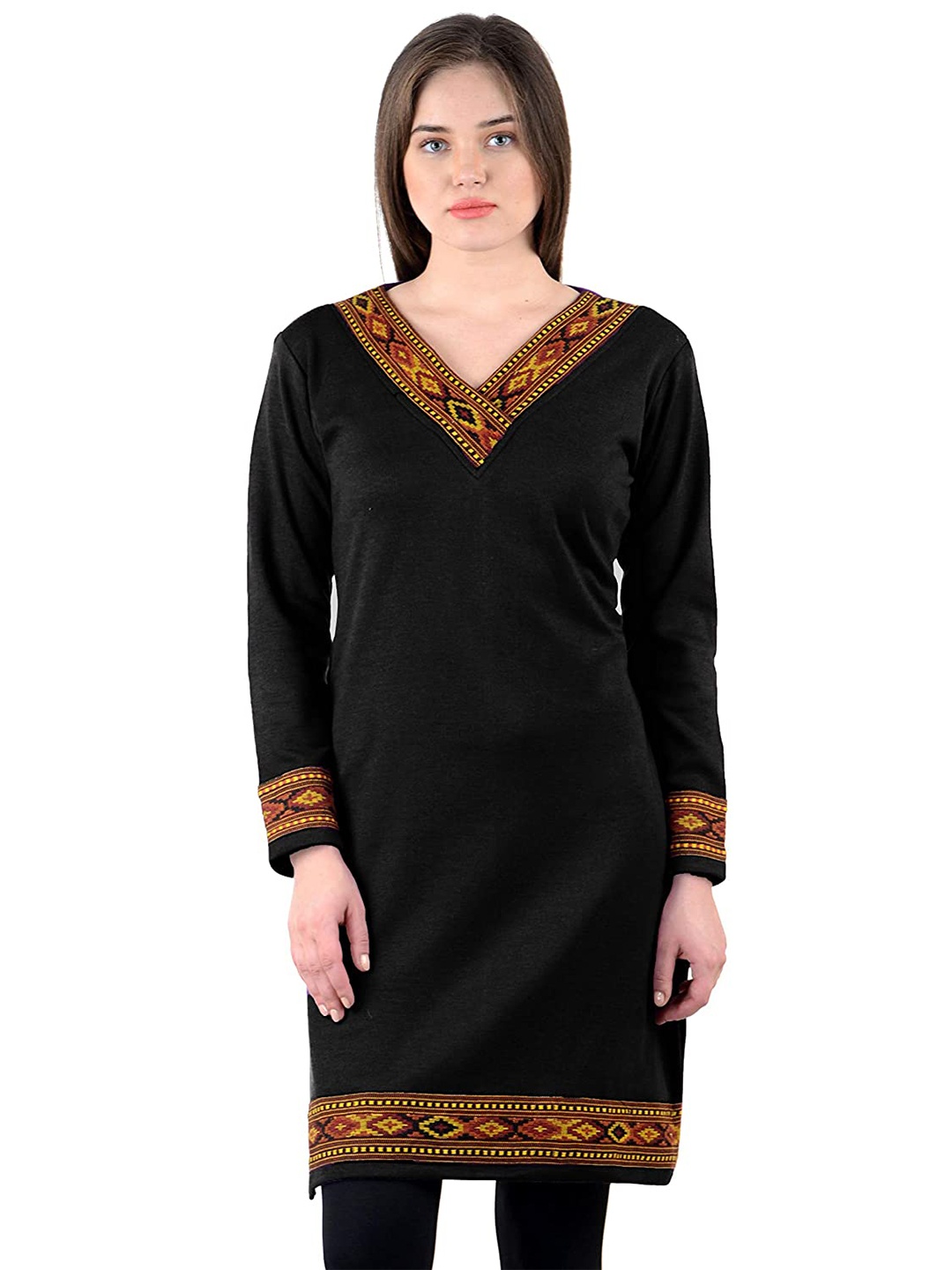 

Vastraa Fusion V-Neck Long Sleeves Woolen Straight Kurta, Black