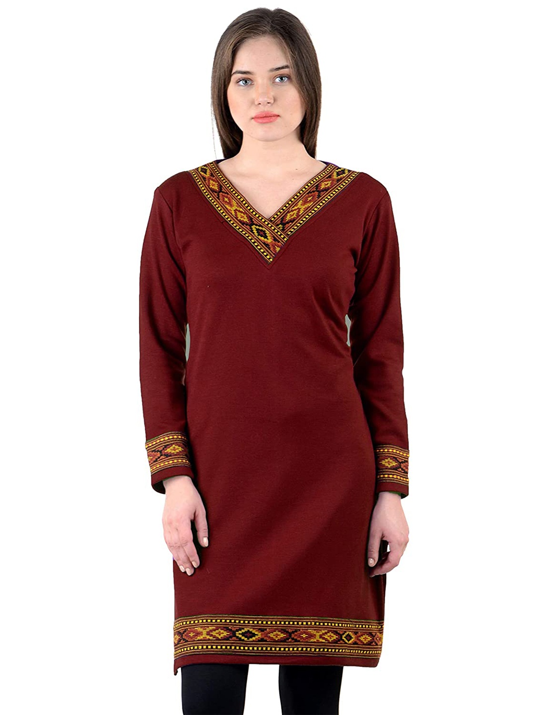 

Vastraa Fusion V-Neck Long Sleeves Woolen Straight Kurta, Maroon