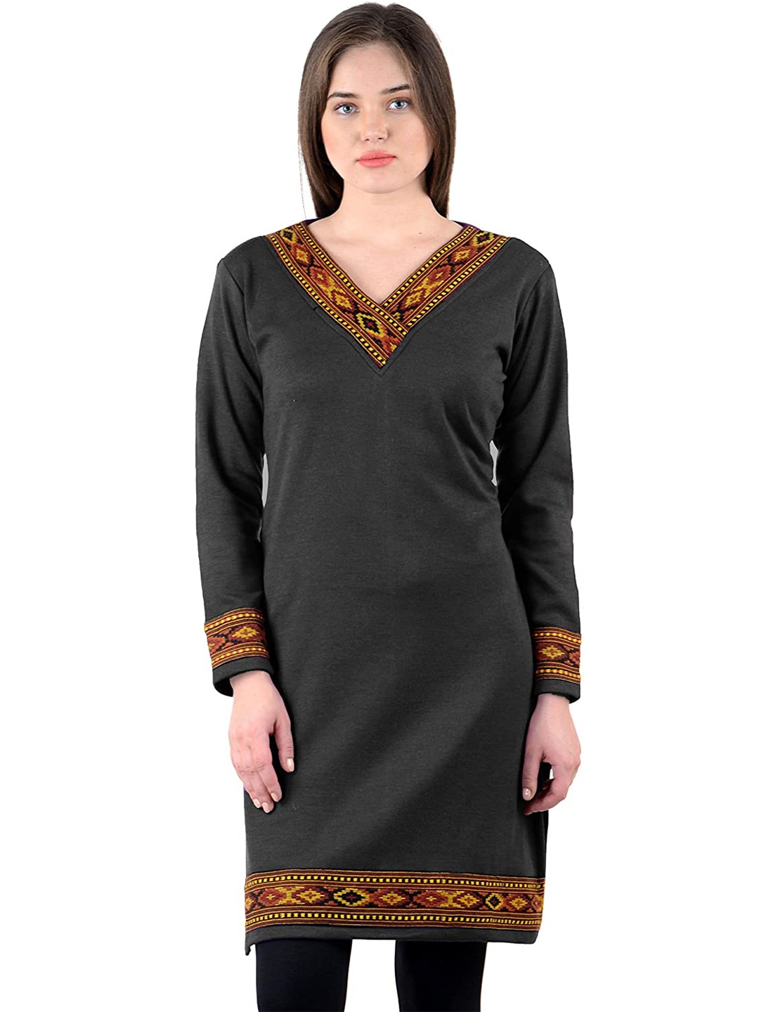 

Vastraa Fusion V-Neck Long Sleeves Woolen Straight Kurta, Grey