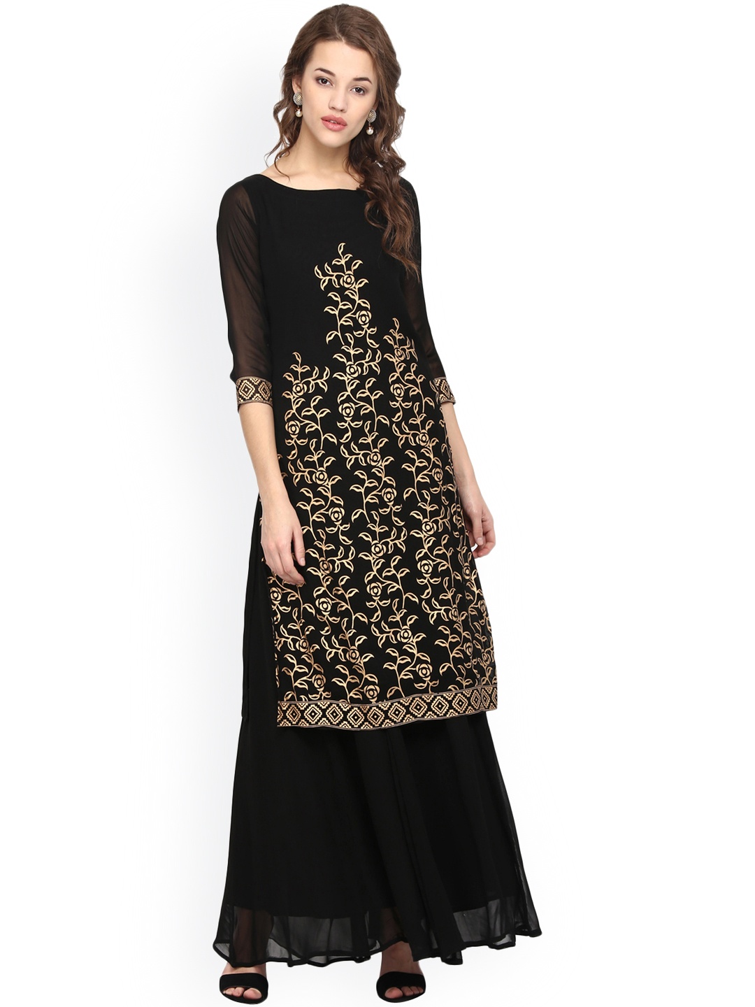 

Ahalyaa Women Black & Gold-Toned Printed Straight Kurta