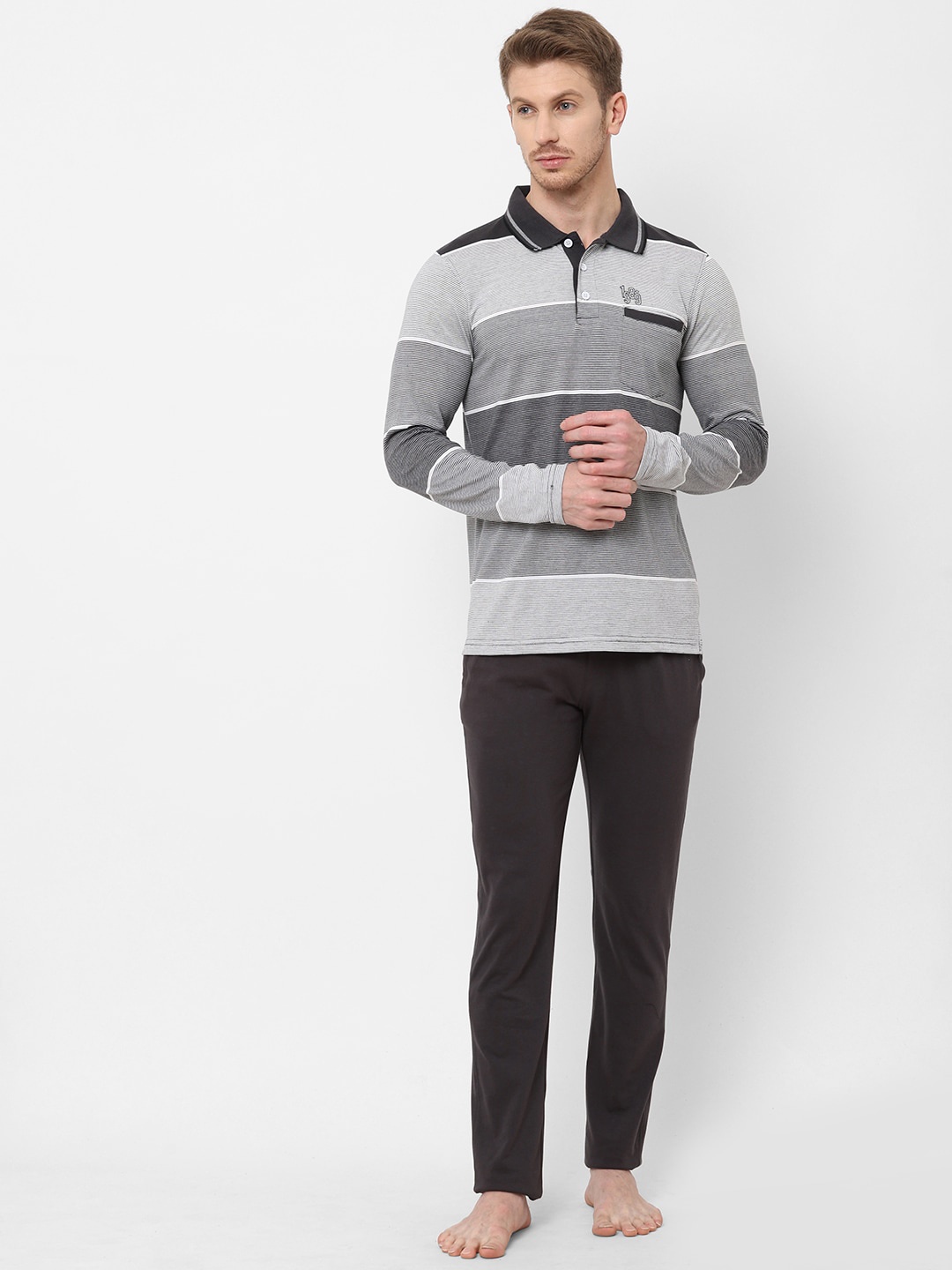

Sweet Dreams Men Charcoal & White Striped Night suit