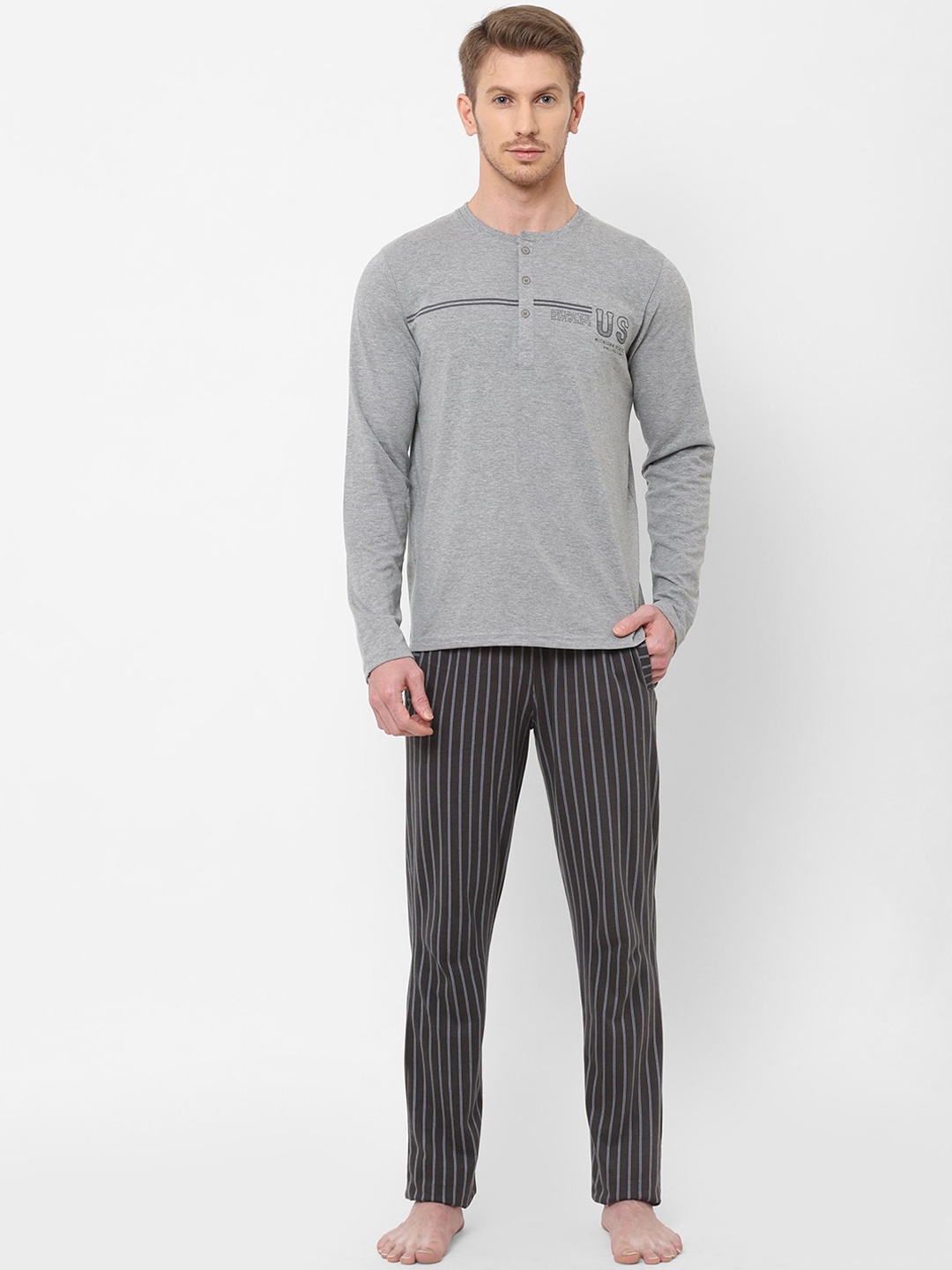 

Sweet Dreams Men Grey Melange Striped Pure Cotton Night suit 1012GVCO