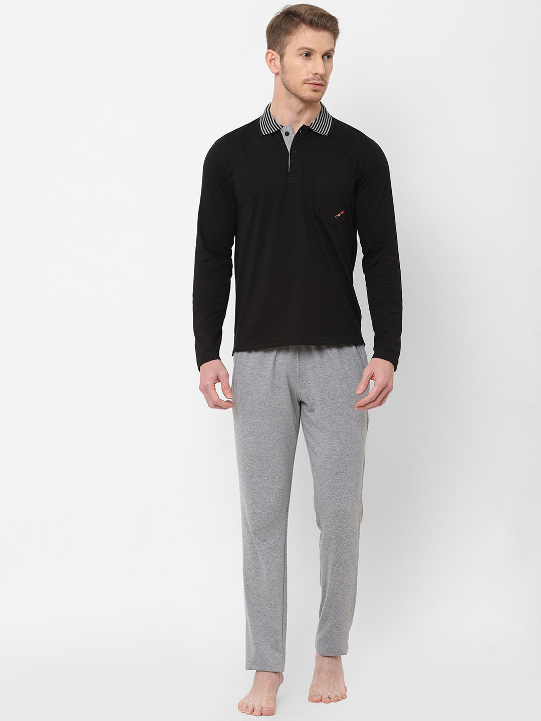 

Sweet Dreams Men Black And Grey Melange Long Sleeves Pure Cotton Night suit