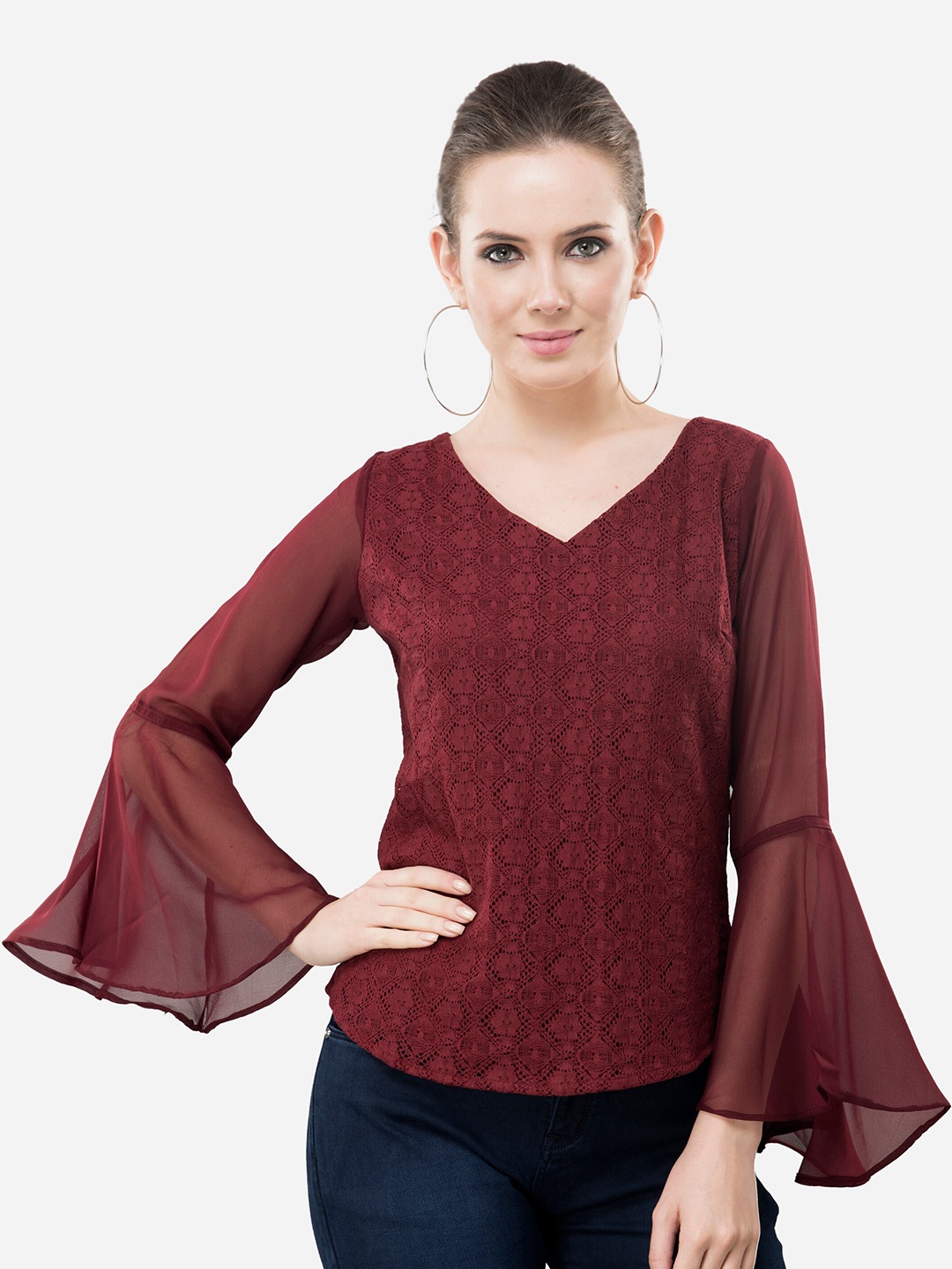 

V&M Maroon Cotton Net V-Neck Bell Sleeves Top