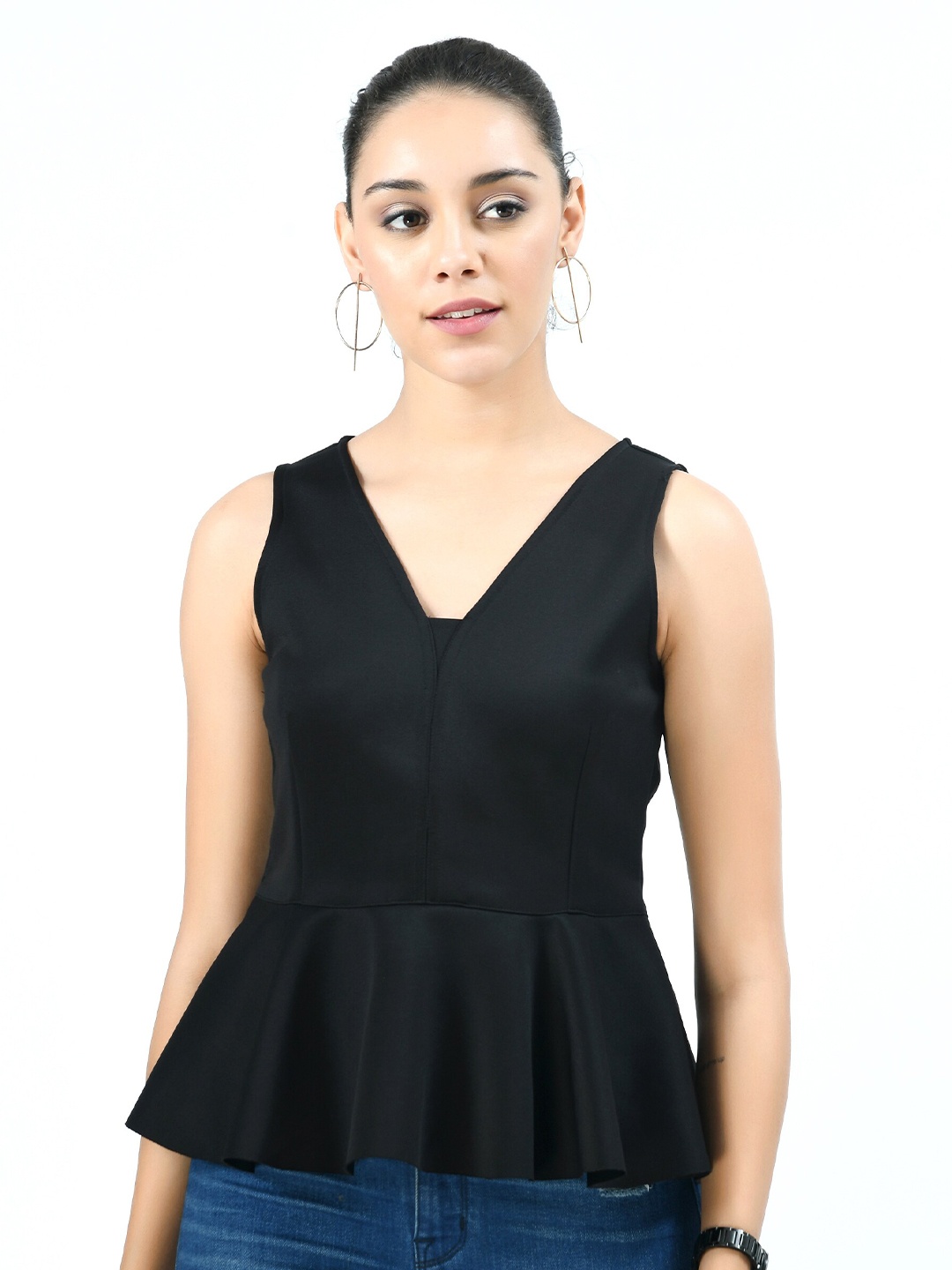 

V&M Women Solid Black Peplum Cotton Top