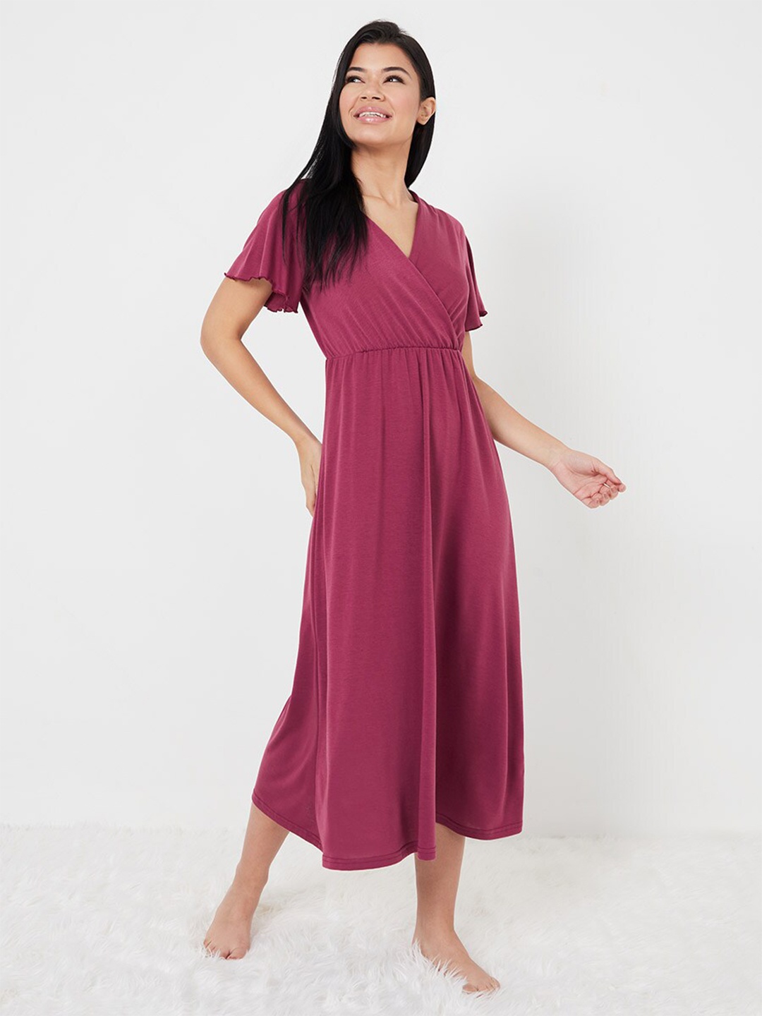 

Styli Women Purple Solid Wrap Front Midi Nightdress