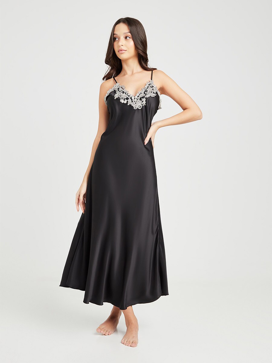 

Styli Women Black Lace Embroidered Detail Maxi Slip Dress