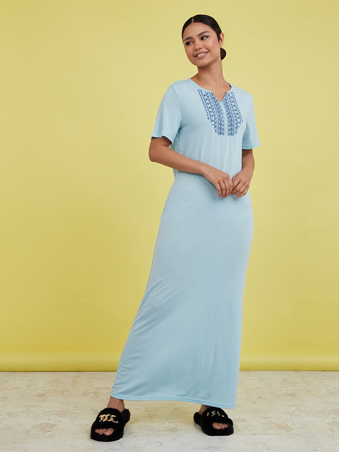 

Styli Women Blue Chest Embroidered Detail Maxi Nightdress