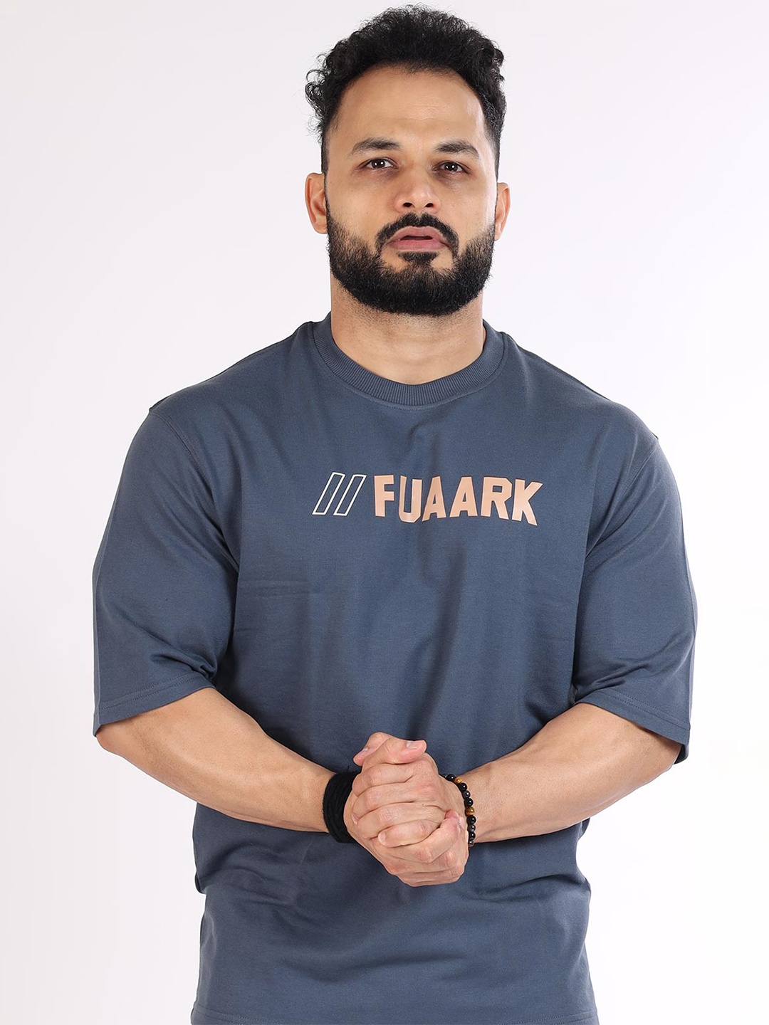 

FUAARK Men Grey Typography Printed Anti Odour Oversized Cotton T-shirt
