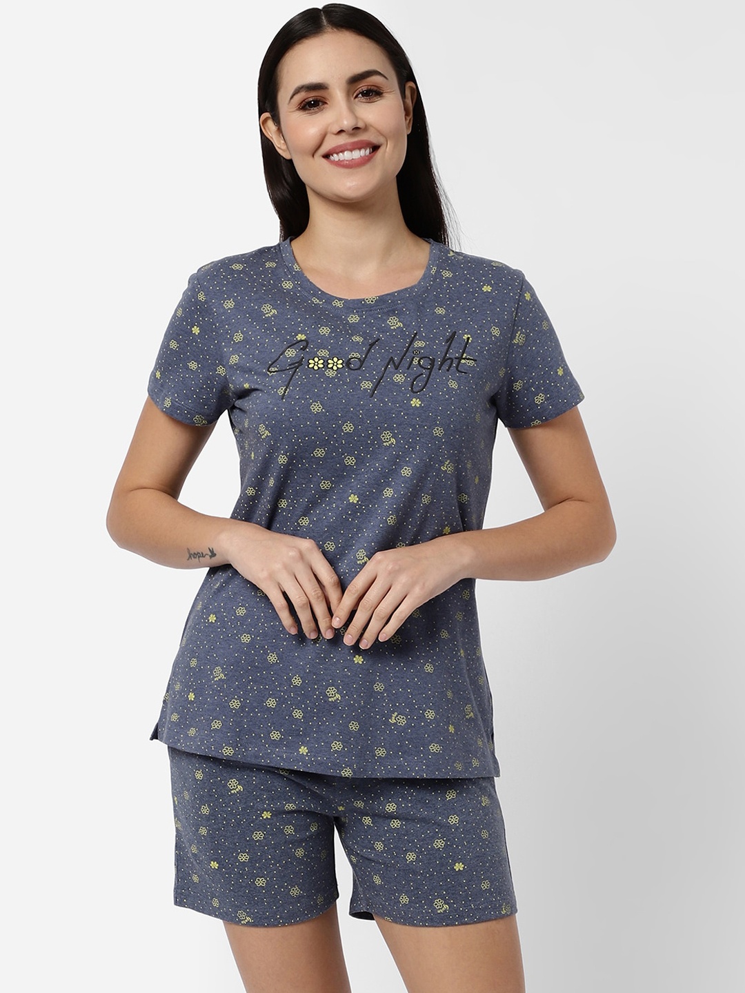 

SDL by Sweet Dreams Women Blue And Yellow Floral Printed Pure Cotton Night suit