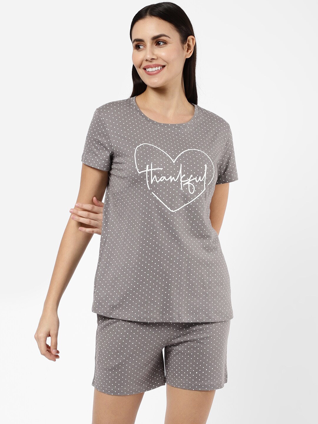 

SDL by Sweet Dreams Women Grey & White Printed Pure Cotton Night suit