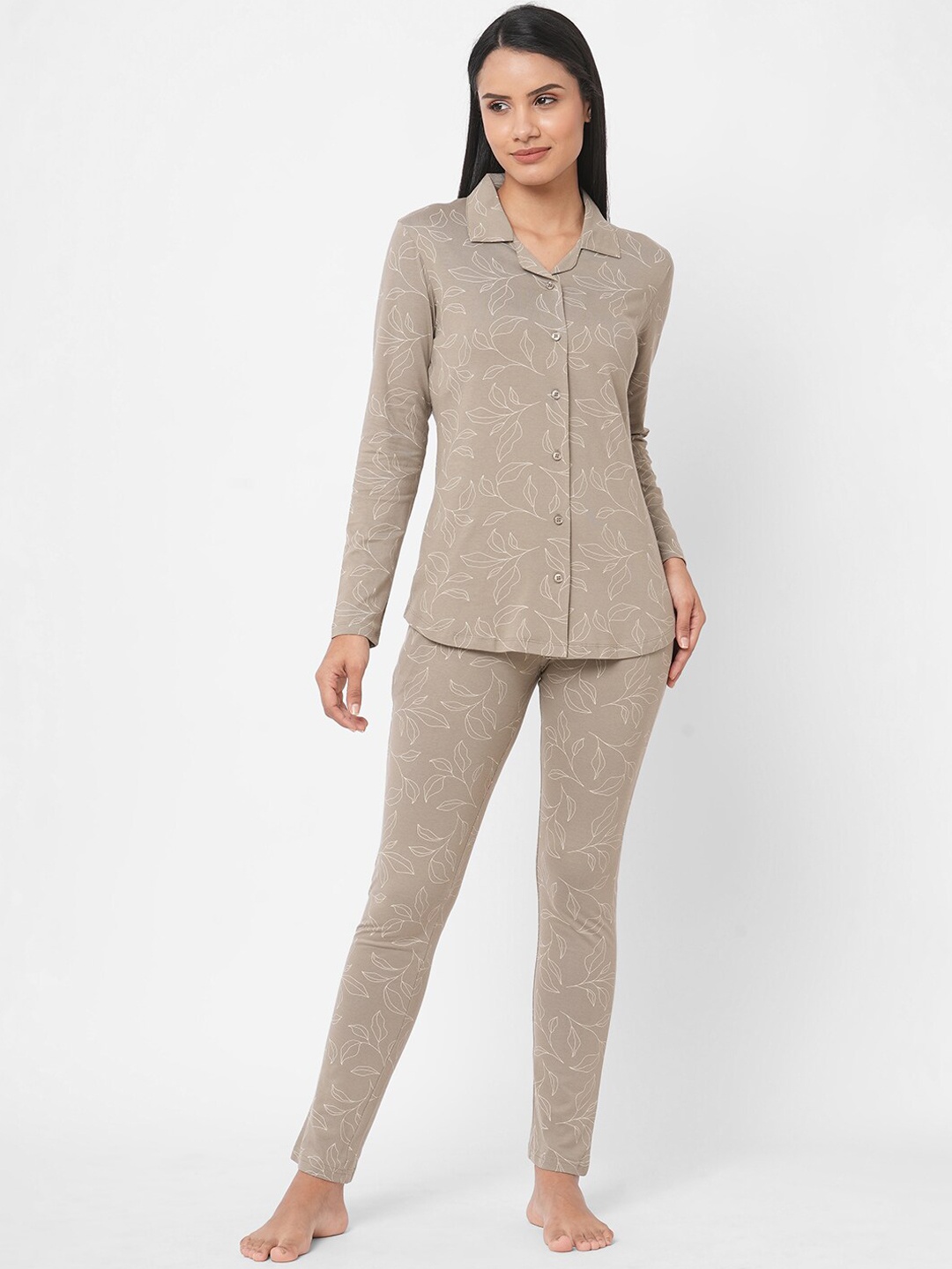 

SDL by Sweet Dreams Women Khaki & White Printed Night suit