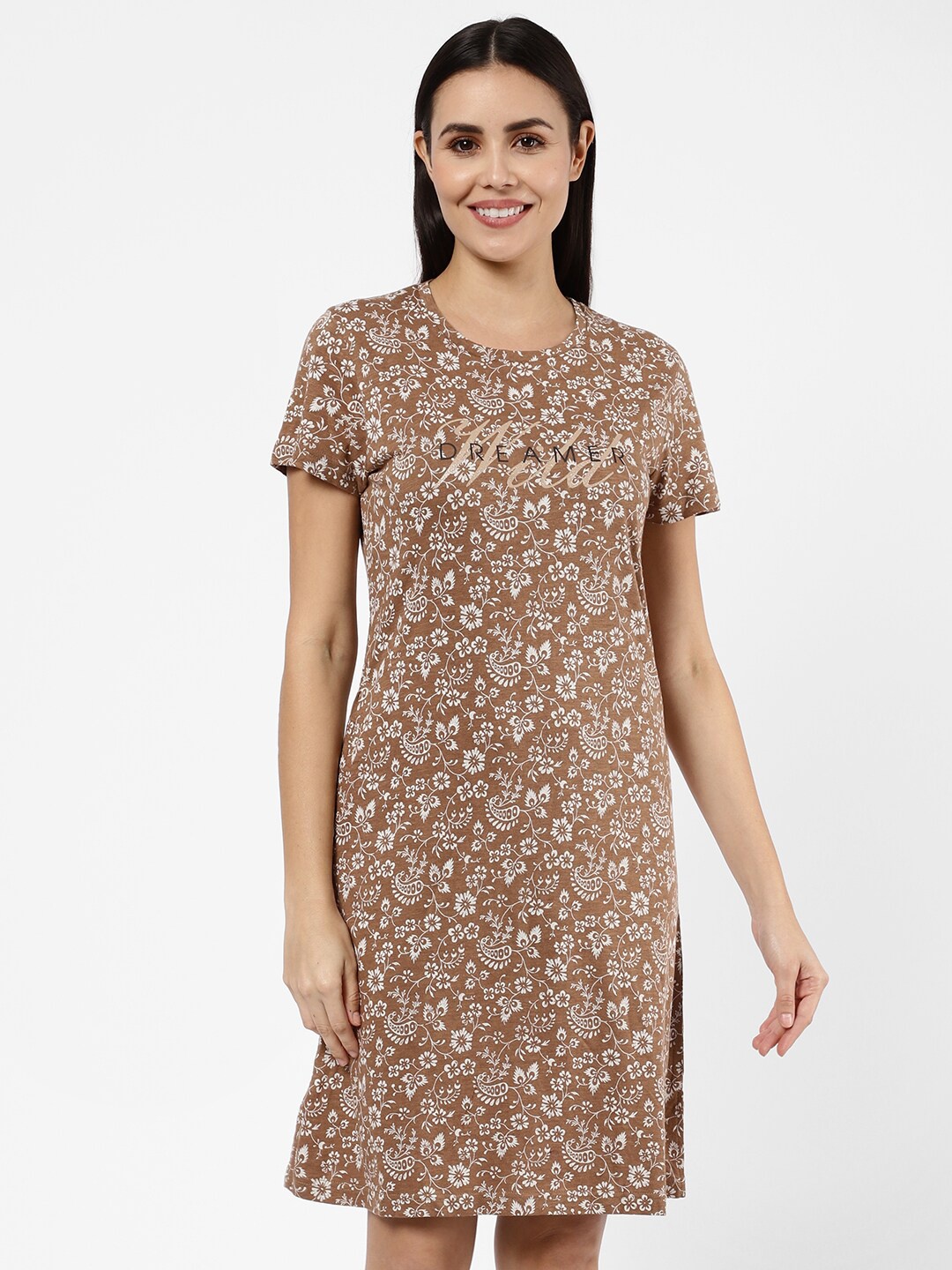 

SDL by Sweet Dreams Women Beige Printed Pure Cotton Nightdress