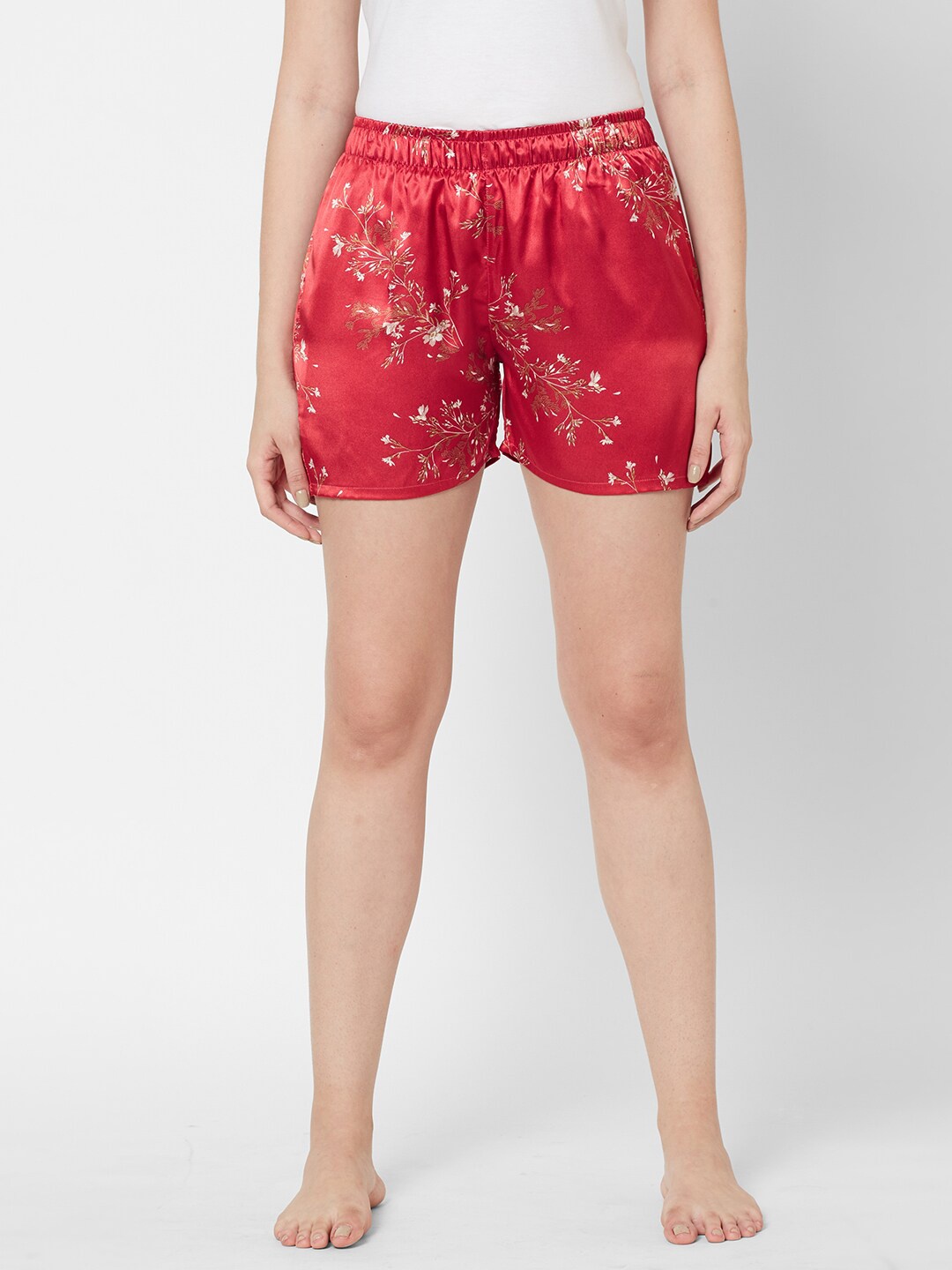SDL by Sweet Dreams Women Red & White Floral Printed Satin Lounge Shorts
