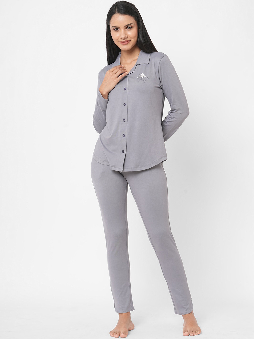 

SDL by Sweet Dreams Women Grey Solid Cotton Blend Night suit