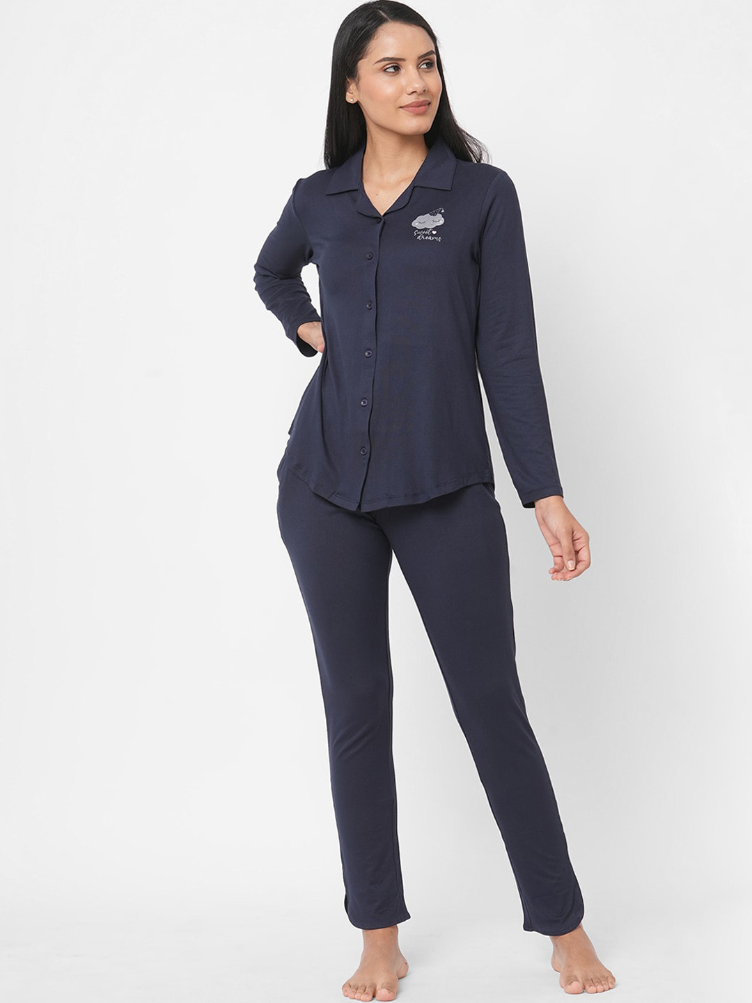 

SDL by Sweet Dreams Women Navy Blue Printed Blend Night suit
