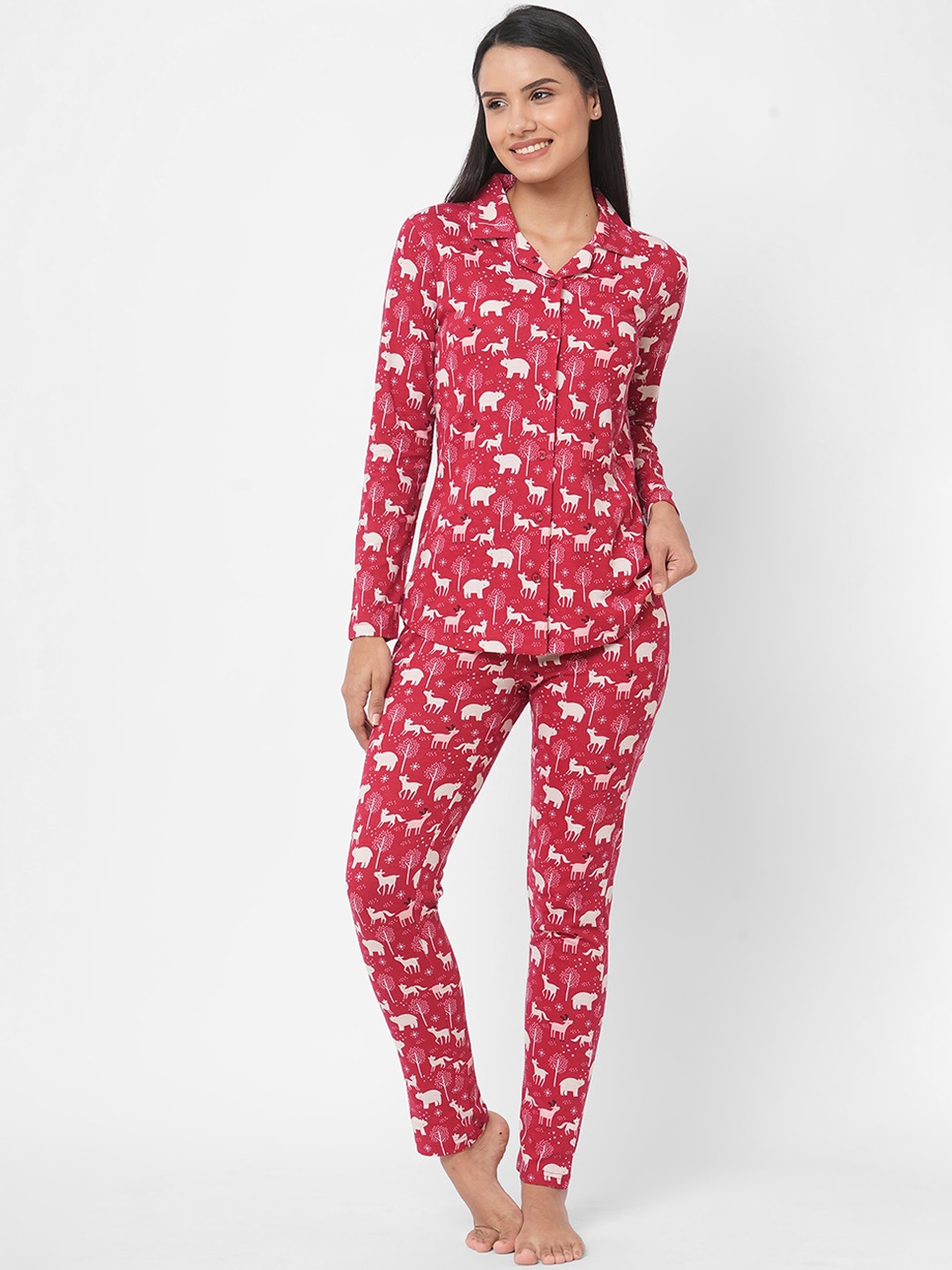 

SDL by Sweet Dreams Women Red & White Printed Pure Cotton Night suit