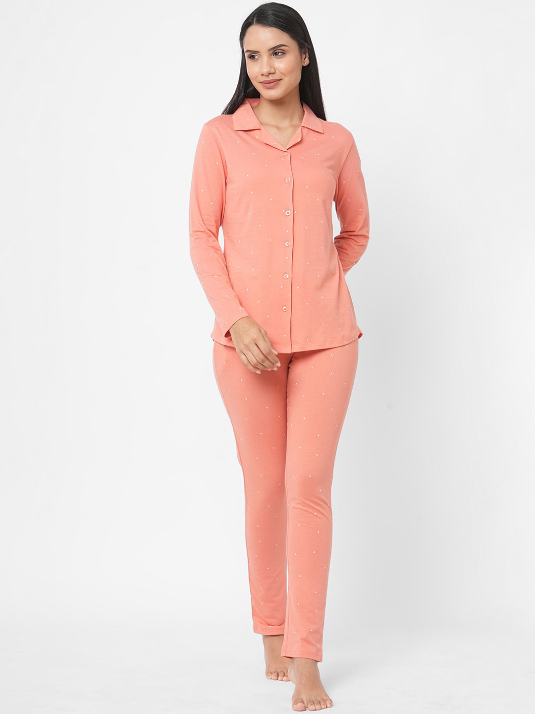

SDL by Sweet Dreams Women Orange & White Printed Pure Cotton Night suit OCW-2482A COREL