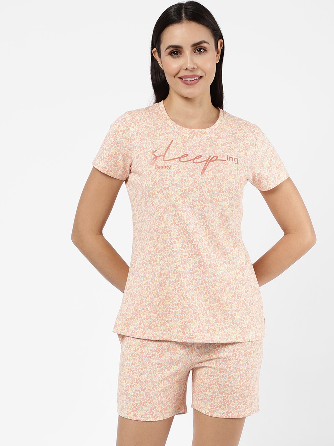 

SDL by Sweet Dreams Women Peach-Coloured & Off White Printed Cotton Night suit