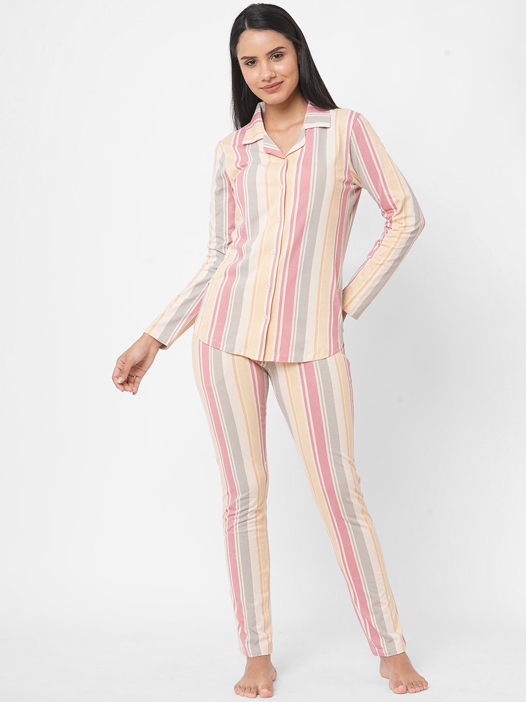 

SDL by Sweet Dreams Women Mauve & Peach-Coloured Striped Night suit