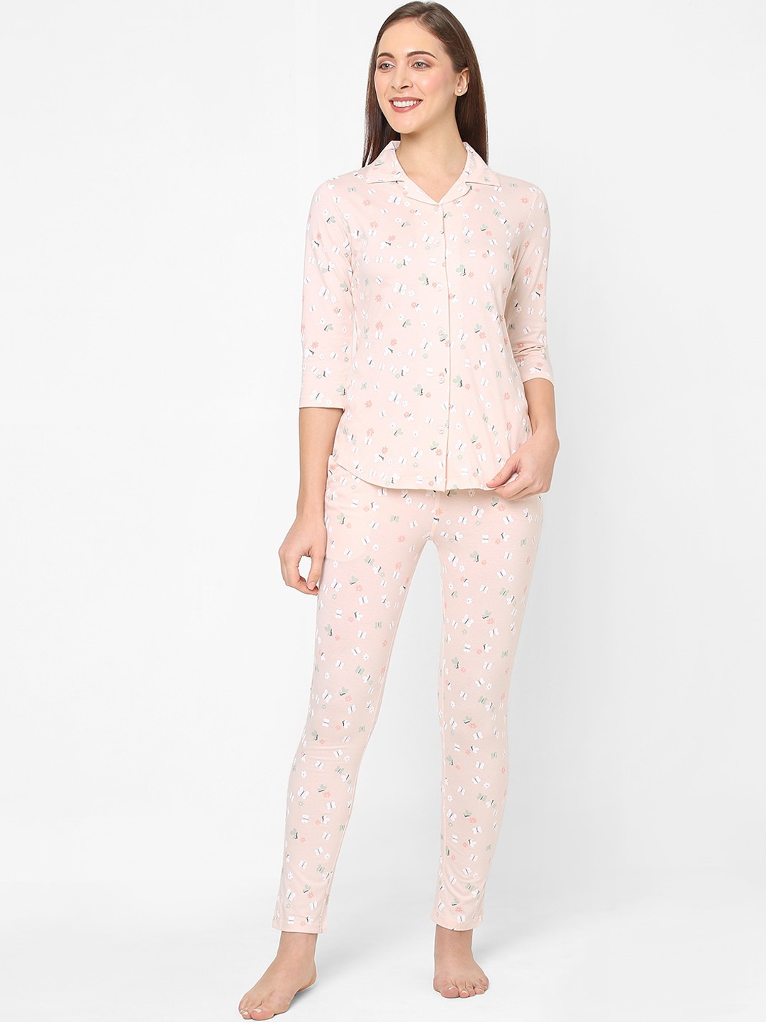

SDL by Sweet Dreams Women Pink & White Printed Pure Cotton Night suit