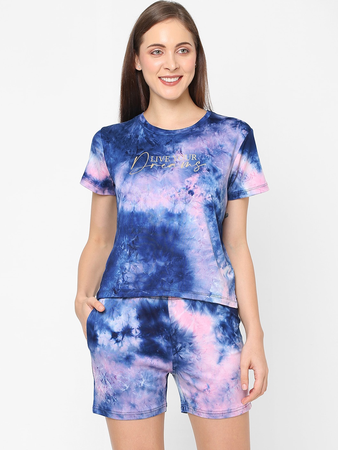 

SDL by Sweet Dreams Women Navy Blue & Lavender Tie and Dye Night suit