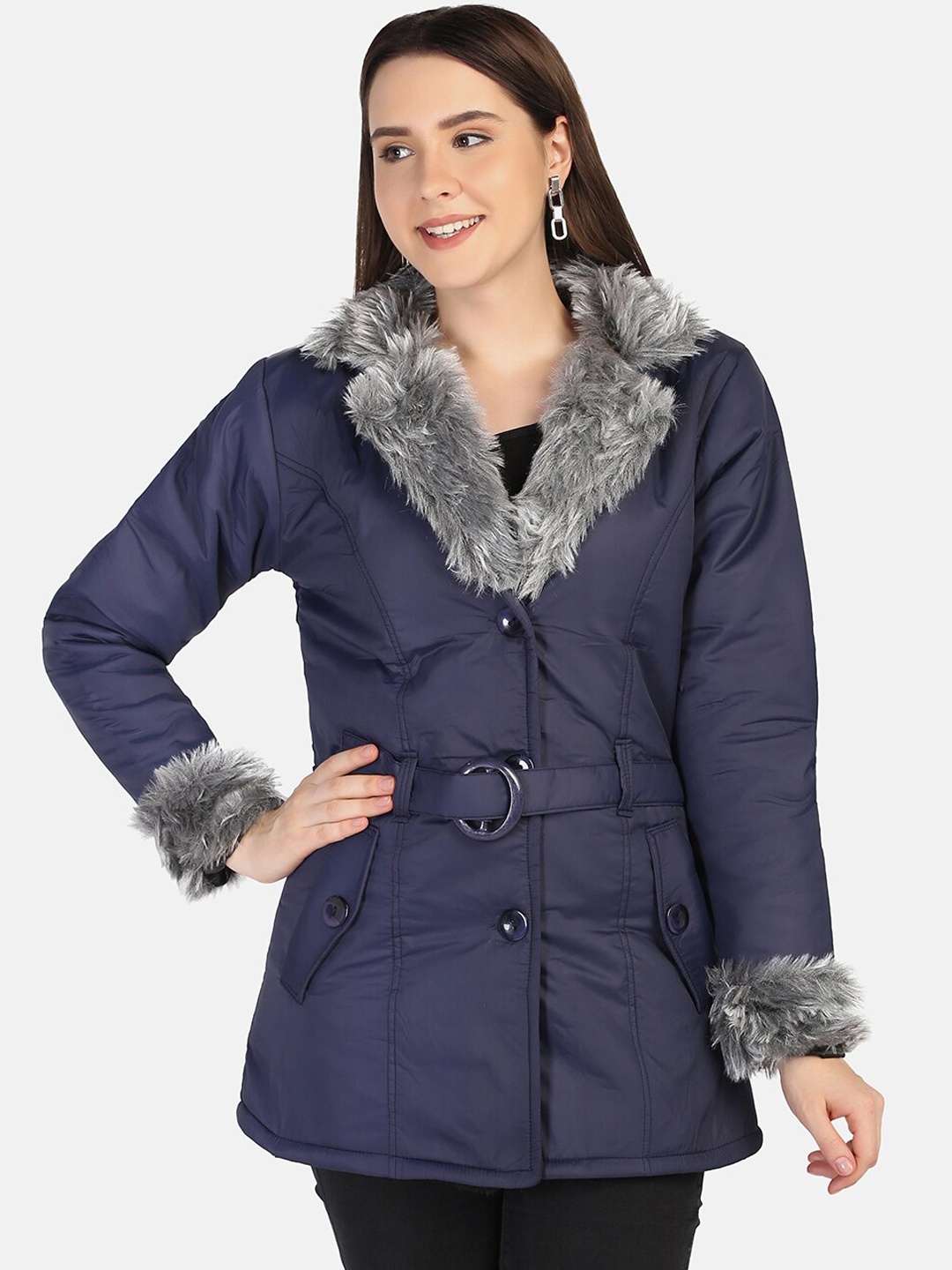 BUY NEW TREND Women Navy Blue Lightweight Parka Jacket