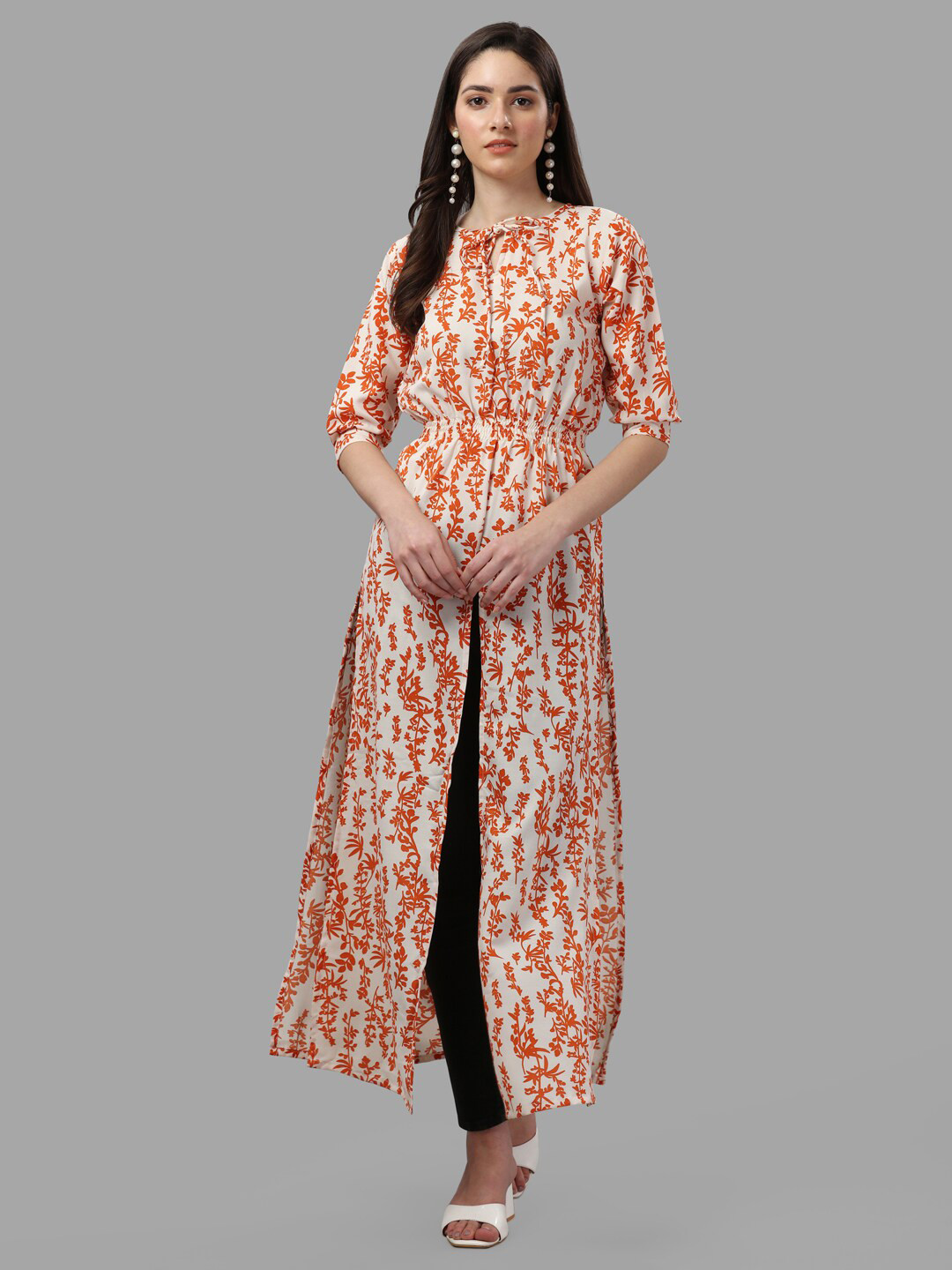 

GUFRINA Women Orange & White Floral Tie-Up Neck Maxi Dress