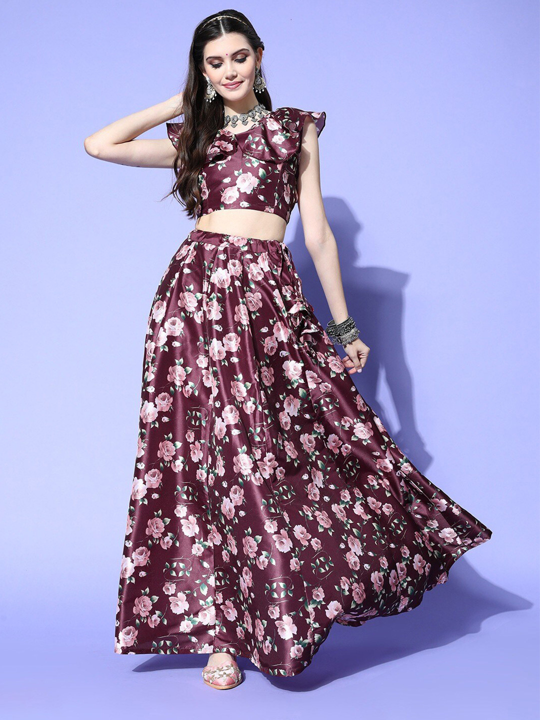 

Shae by SASSAFRAS Maroon & Green Printed Ready to Wear Lehenga & Anarkali Skirt