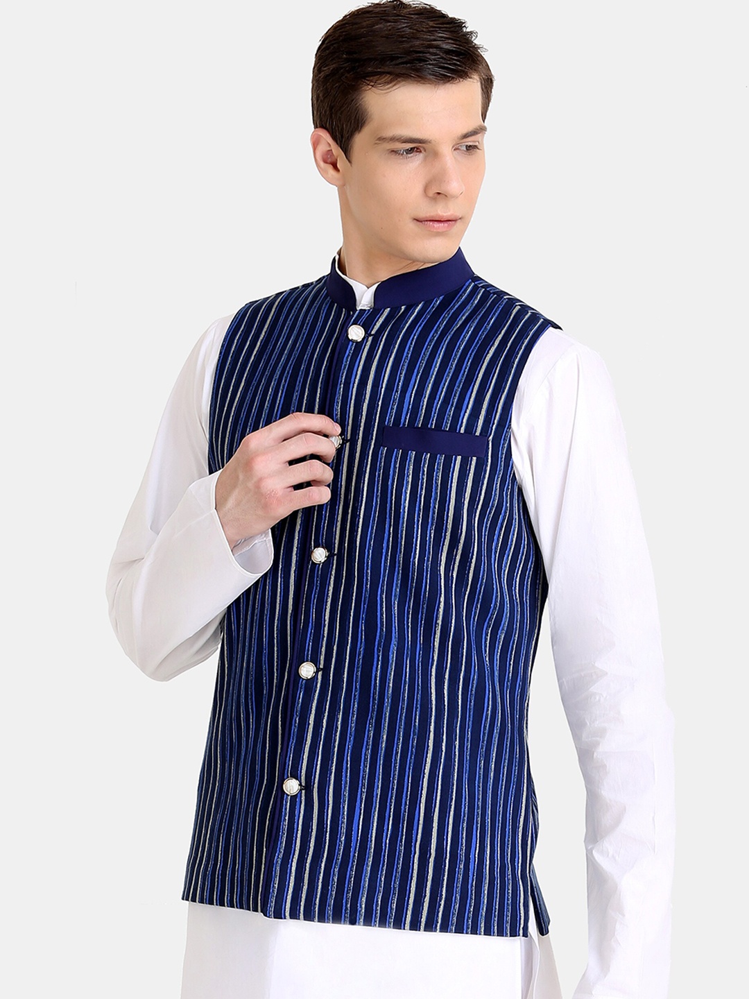 

Raas Men Blue Printed Slim-Fit Nehru Jackets
