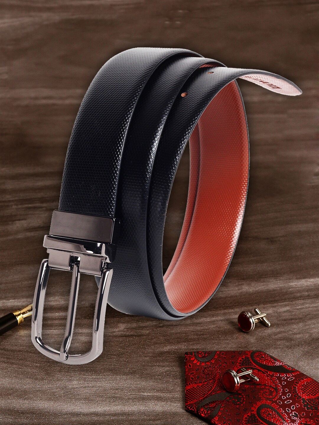 

MUTAQINOTI Men Black Textured Leather Belt