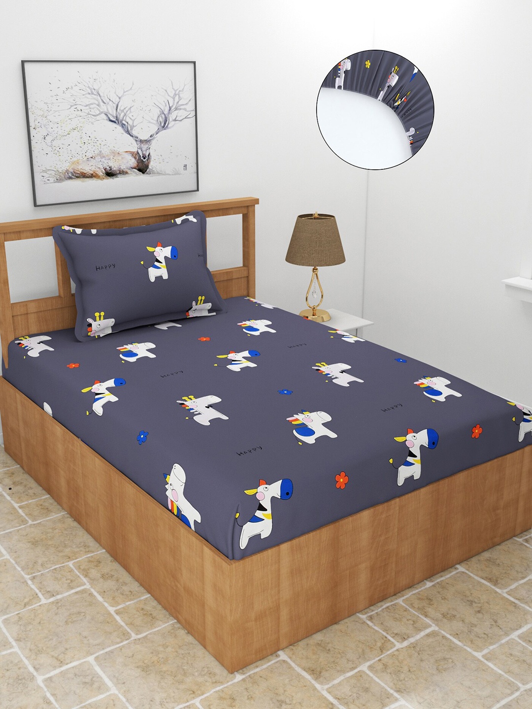 

MORADO Grey & White Conversational 180 TC Fitted Single Bedsheet with 1 Pillow Cover