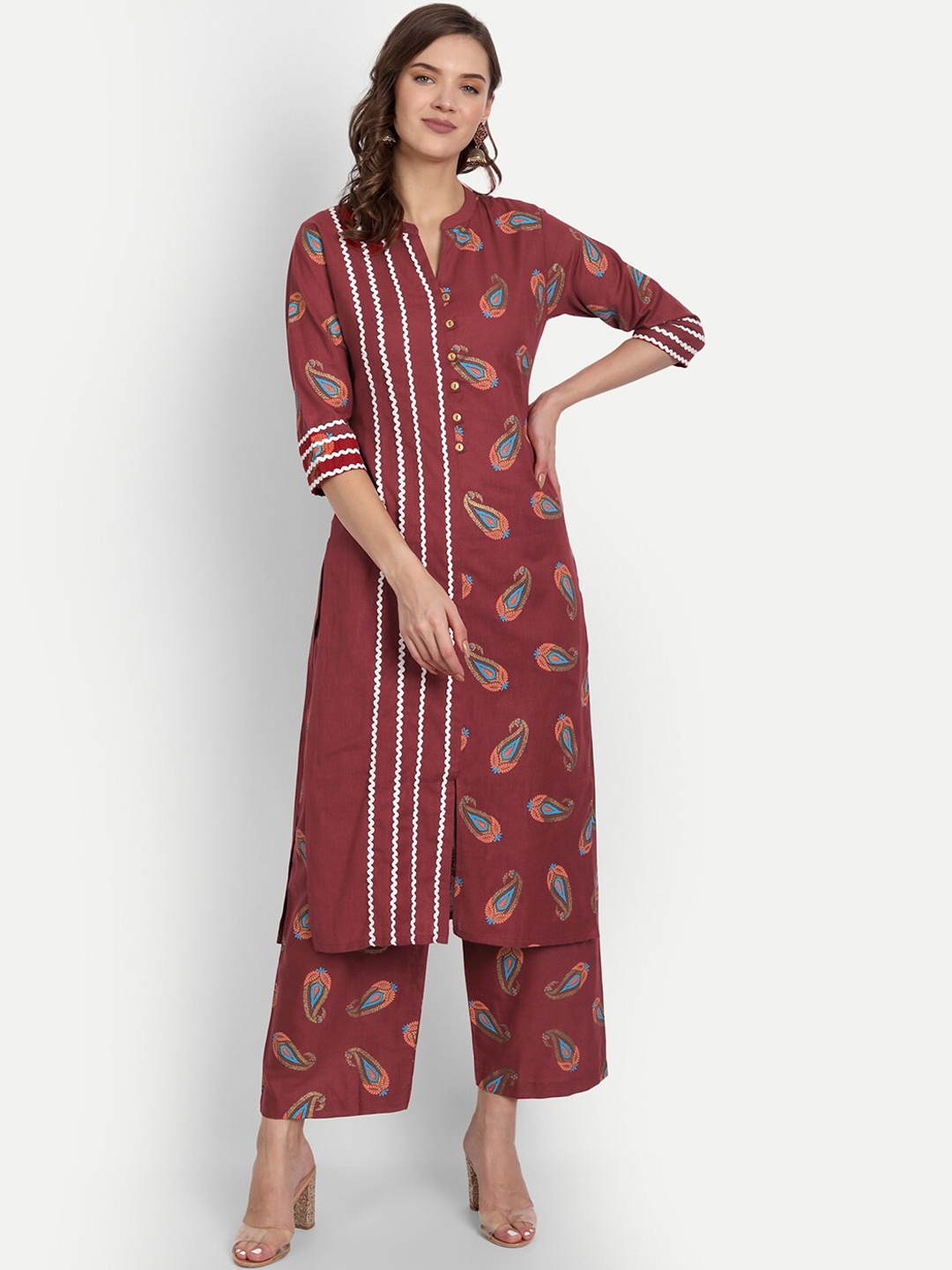 

RGHT Women Maroon Paisley Printed Pure Cotton Kurta with Palazzo