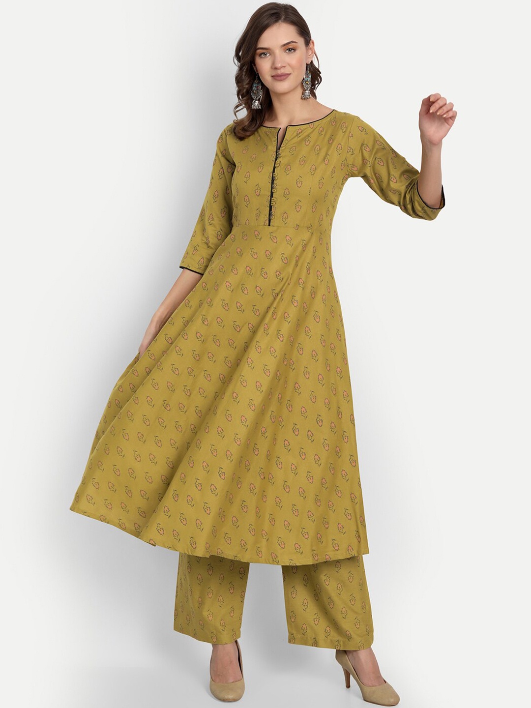 

RGHT Women Olive Green Floral Printed Empire Pure Cotton Kurta with Palazzos