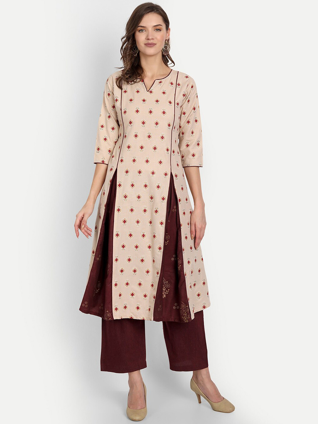 

RGHT Women Cream-Coloured Ethnic Motifs Printed Panelled Pure Cotton Kurta with Palazzos