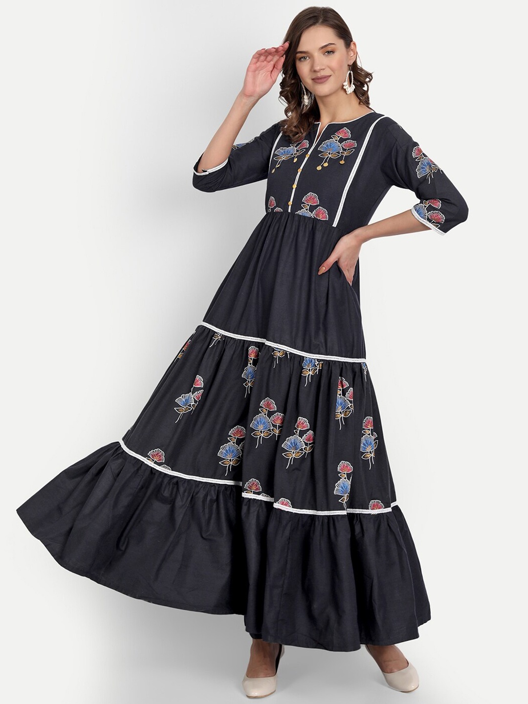 

RGHT Women Navy Blue Floral Printed Empire Pure Cotton Kurti with Palazzos