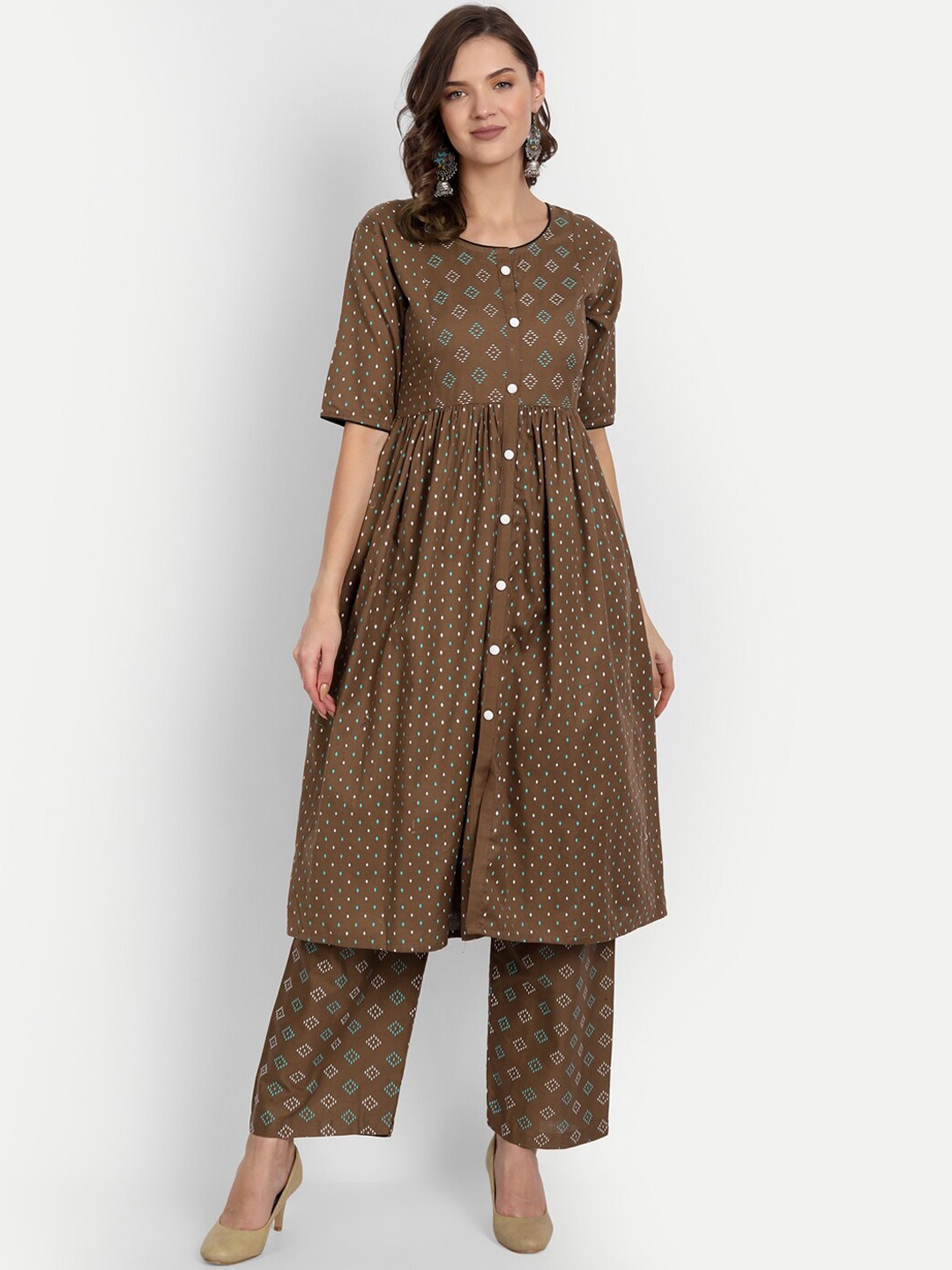 

RGHT Women Brown Printed Pure Cotton A-Line Kurta with Palazzos