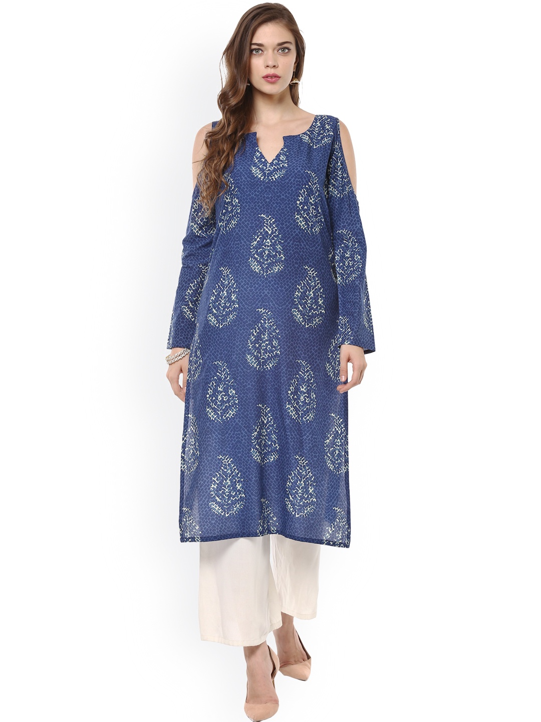 

Ahalyaa Women Blue Printed Cold Shoulder Straight Kurta