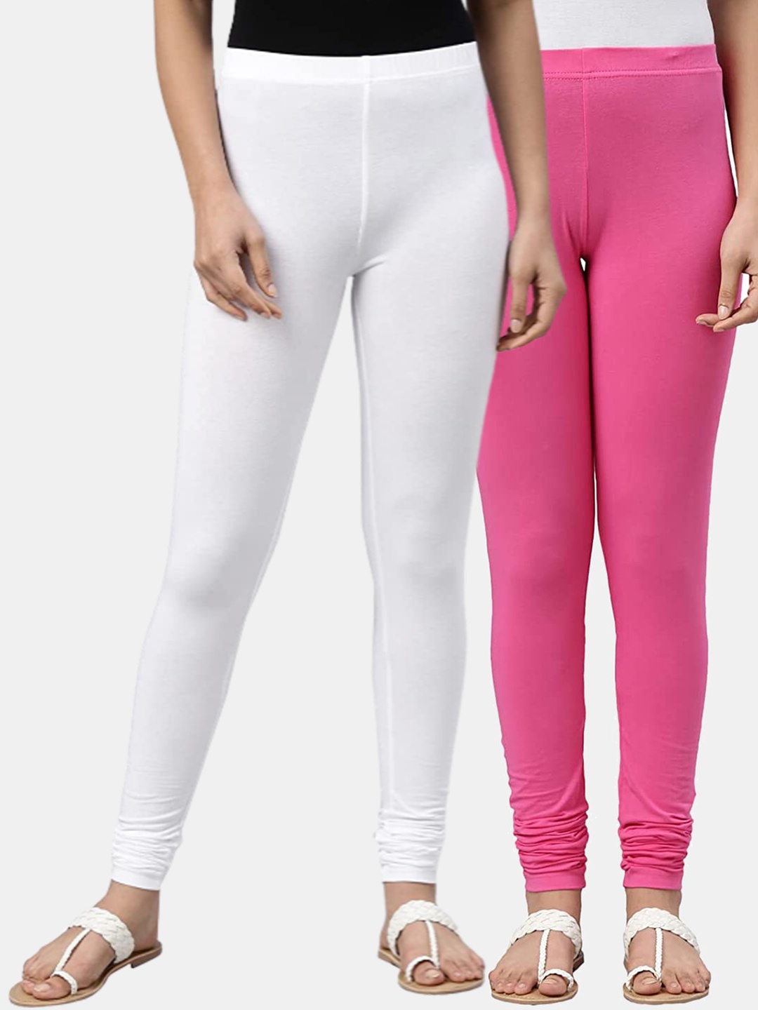 

FRENCH KLEIDER Girls Pack of 2 Pink & White Solid Churidar-Length Cotton Leggings