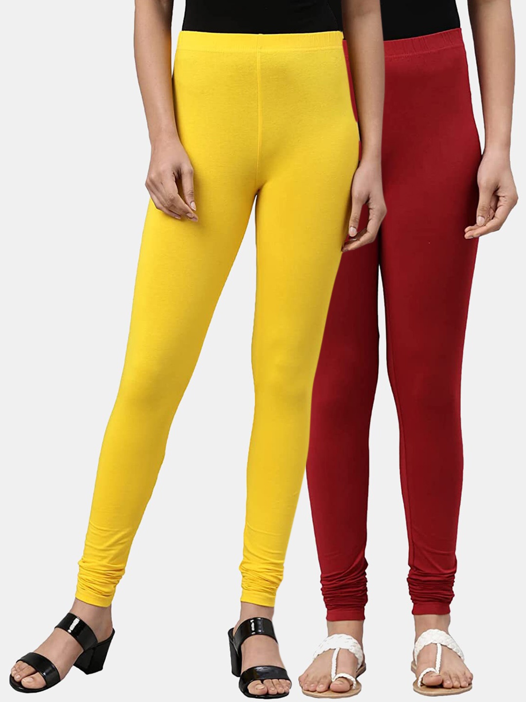 

FRENCH KLEIDER Girls Pack of 2 Yellow & Maroon Solid Churidar-Length Cotton Leggings