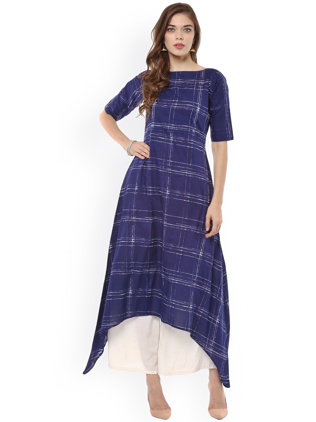 

Ahalyaa Women Blue Checked A-Line Asymmetric Kurta