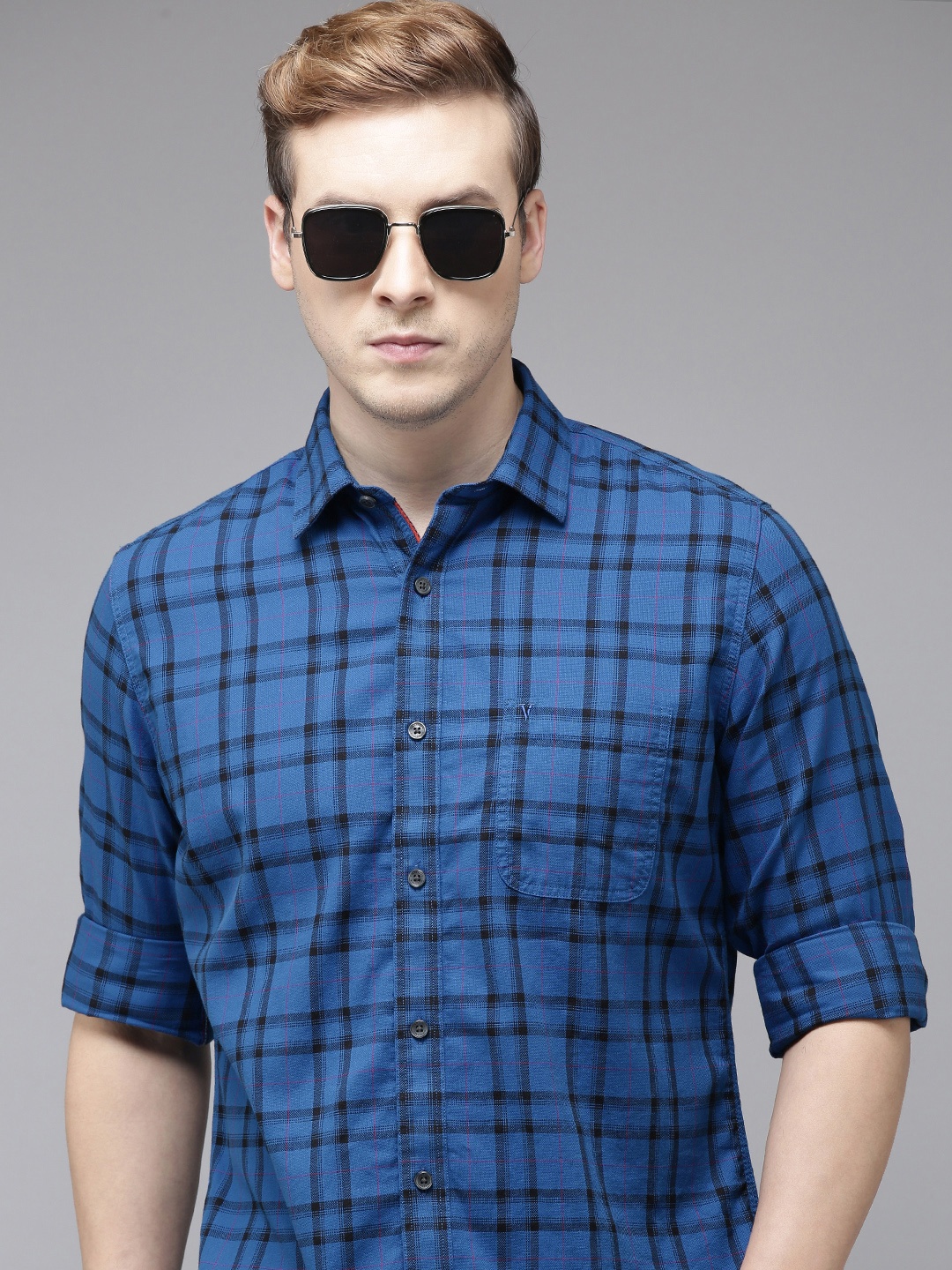 

Van Heusen Sport Men Blue Slim Fit Tartan Checks Opaque Pure Cotton Casual Shirt