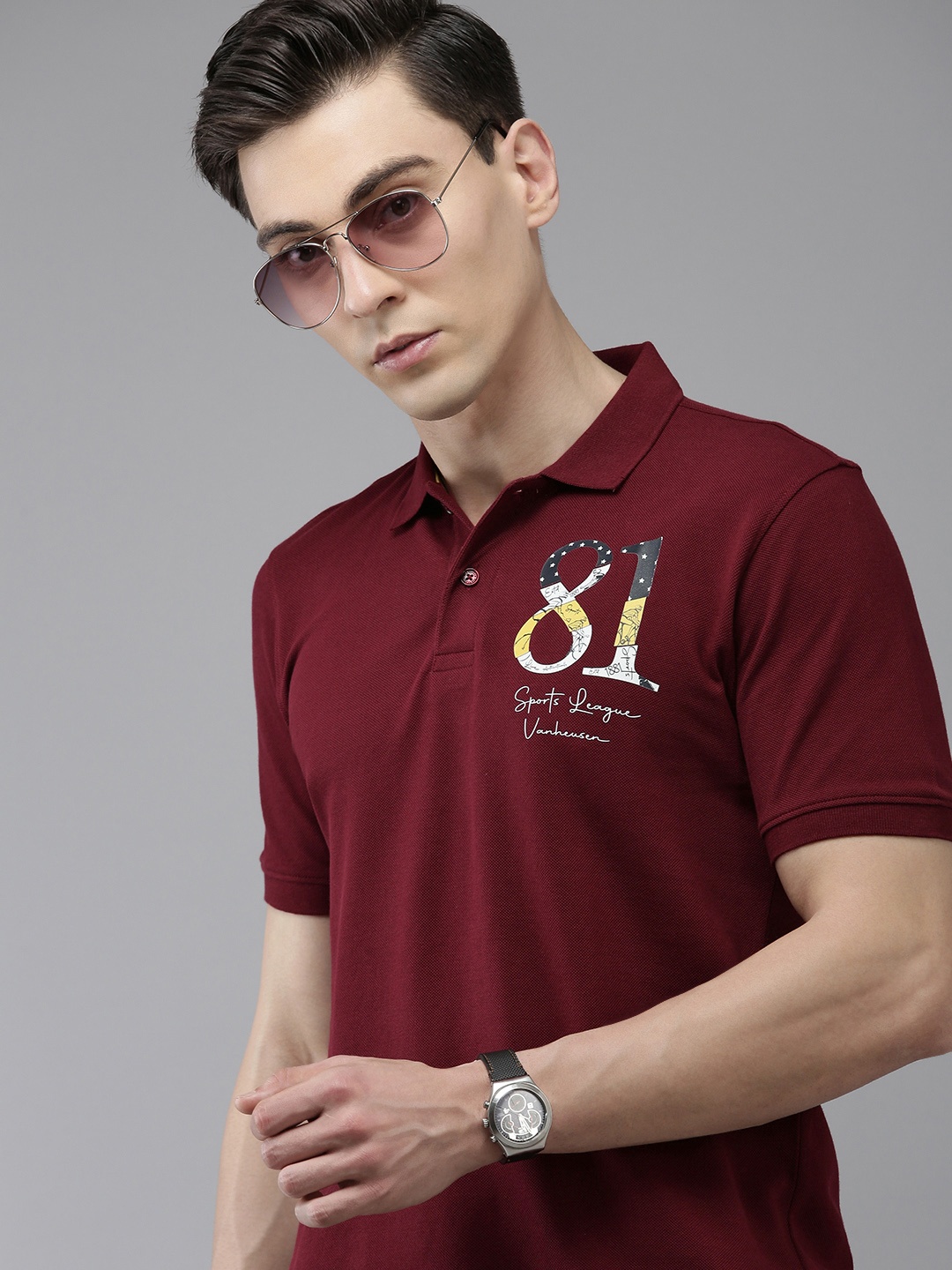 

Van Heusen Sport Men Typography Printed Polo Collar Pure Cotton T-shirt, Maroon